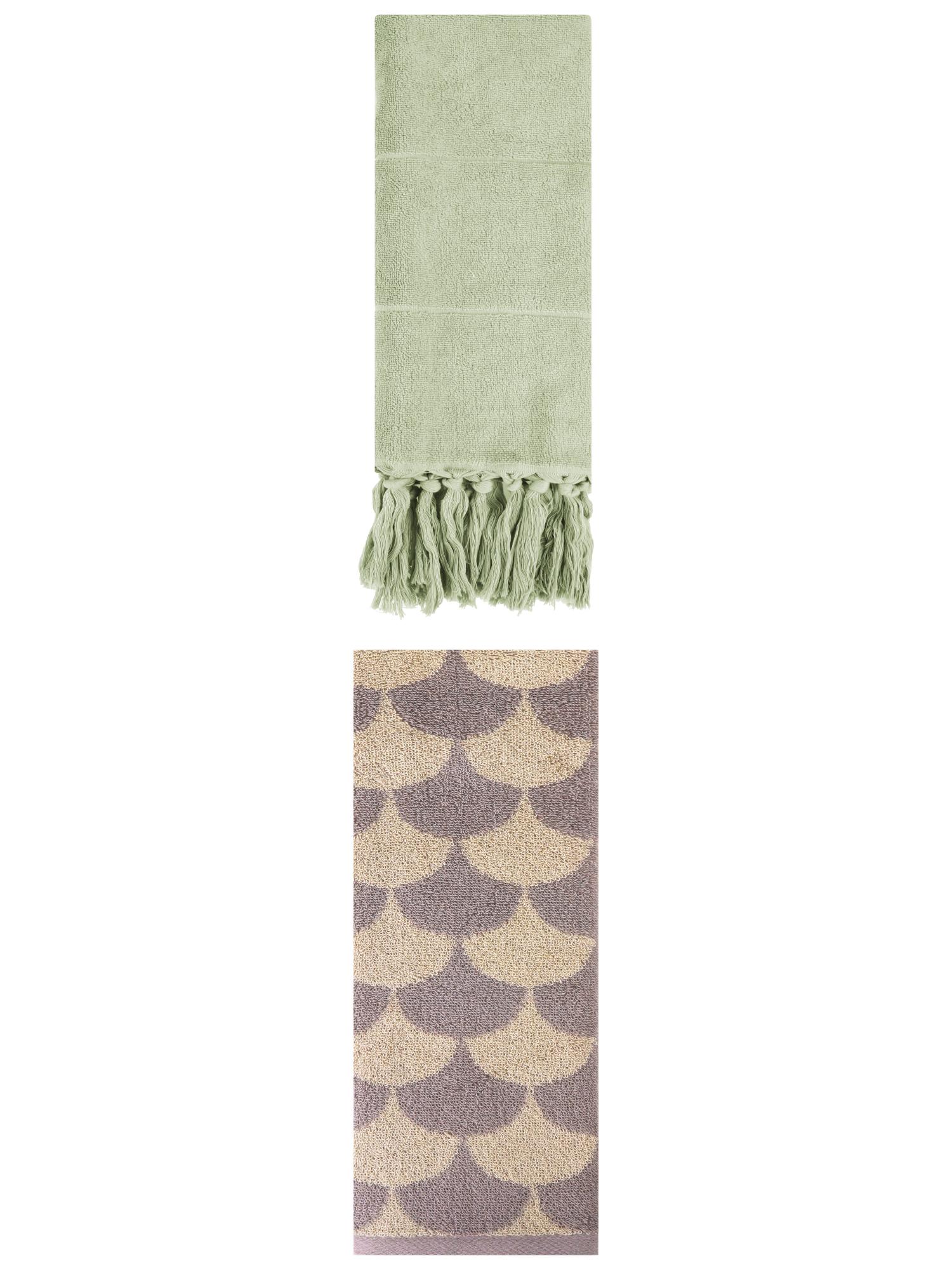 Unique Bargains 2 Pack Cotton Geometric Hand Towels Green/Brown 14"x30"/13"x29"