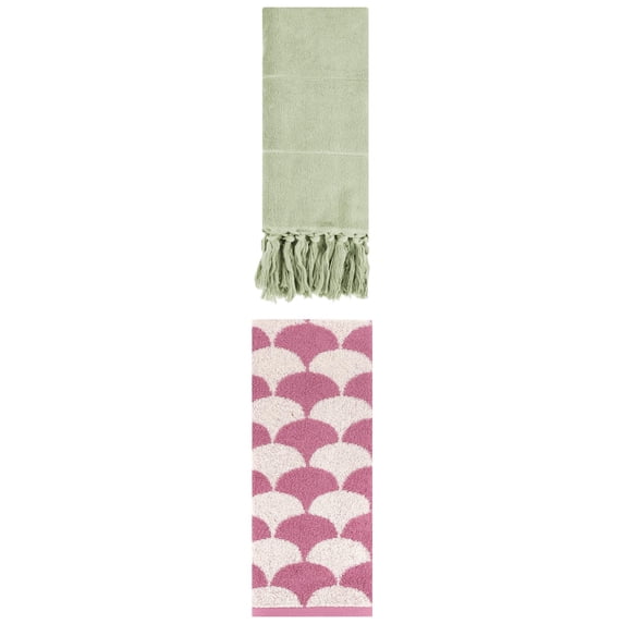 Unique Bargains 2 Pack Cotton Geometric Hand Towels Green/Pink 14"x30"/13"x29"