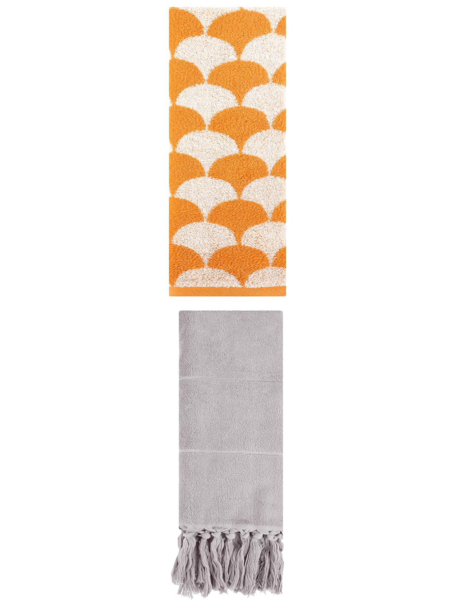 Unique Bargains 2 Pack Cotton Geometric Hand Towels Grey/Orange 14"x30"/13"x29"