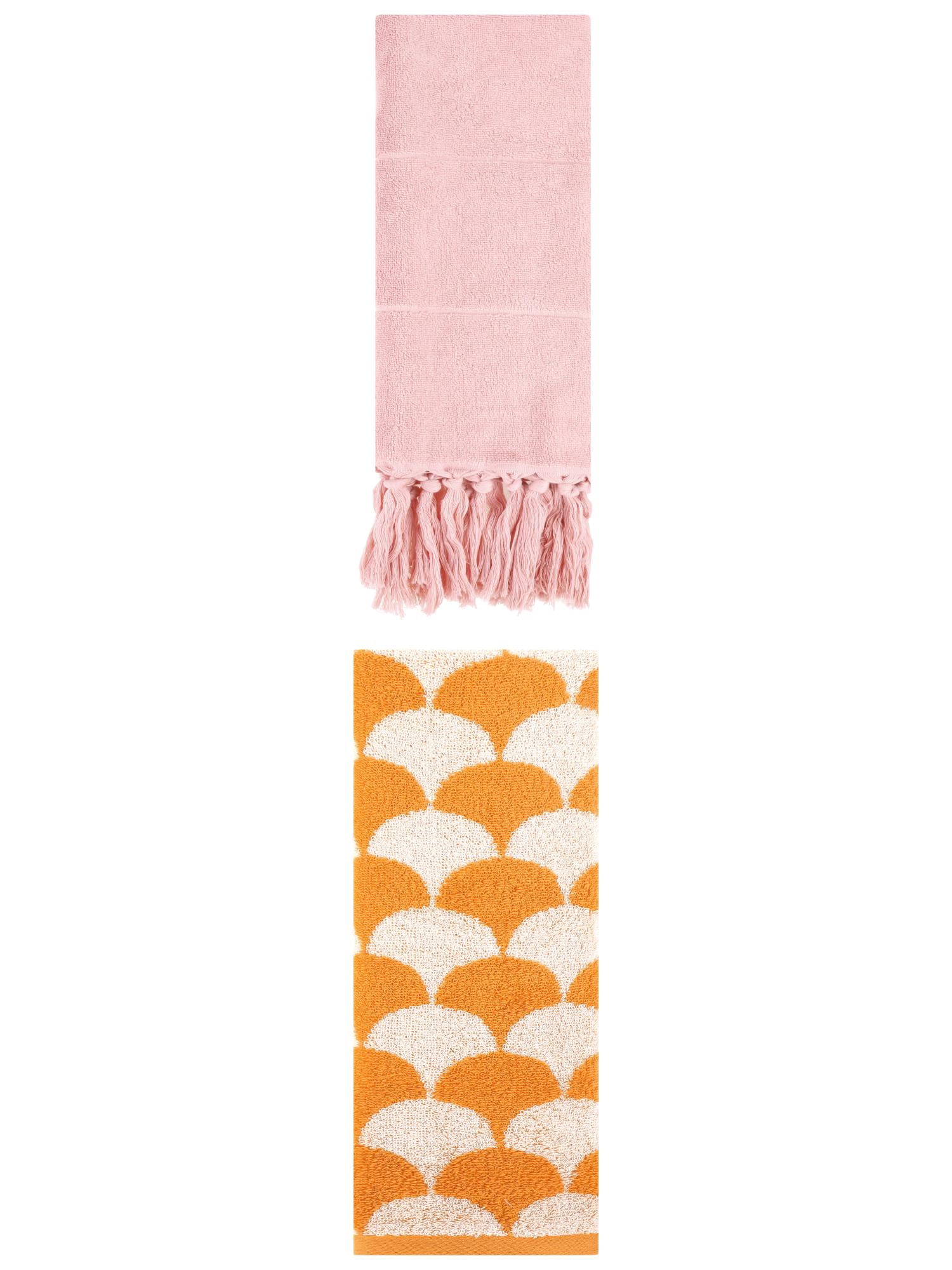 Unique Bargains 2 Pack Cotton Geometric Hand Towels Pink/Orange 14"x30"/13"x29"