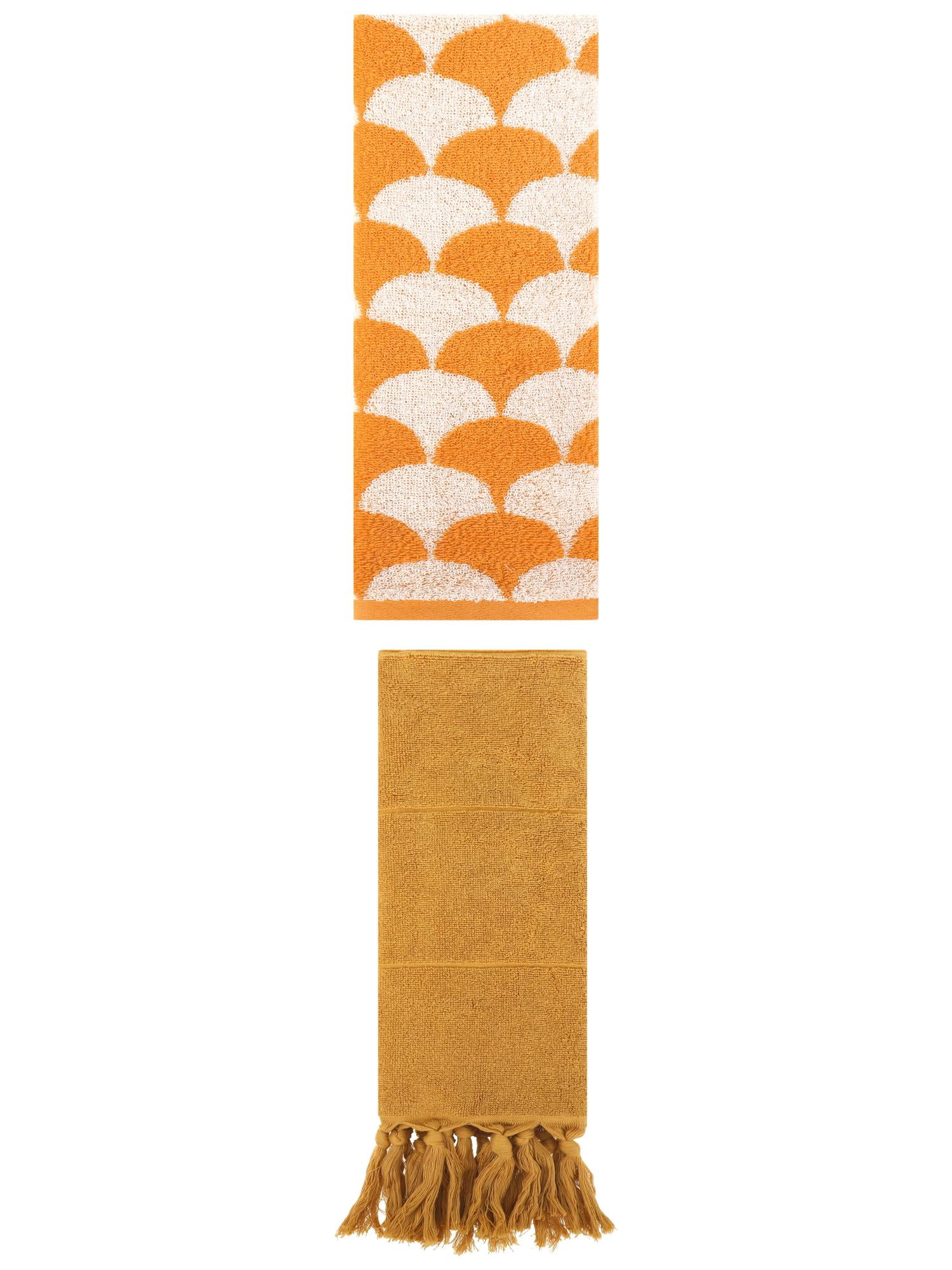 Unique Bargains 2 Pack Cotton Geometric Hand Towels Yellow/Orange 14"x30"/13"x29"