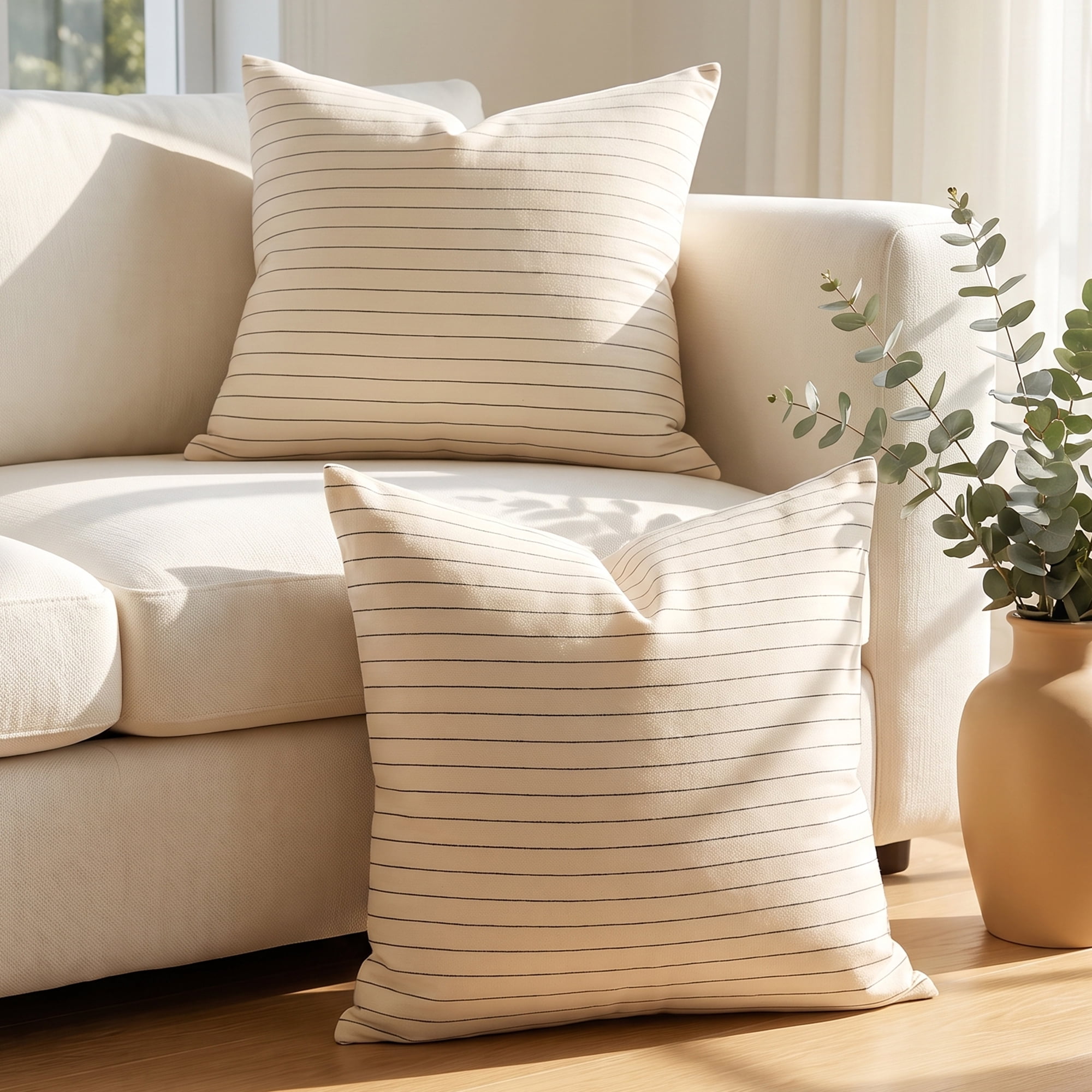 Unique Bargains 2 Pack Fine Stripe Throw Pillow Covers Cotton Blend Cases Beige 18"x18"