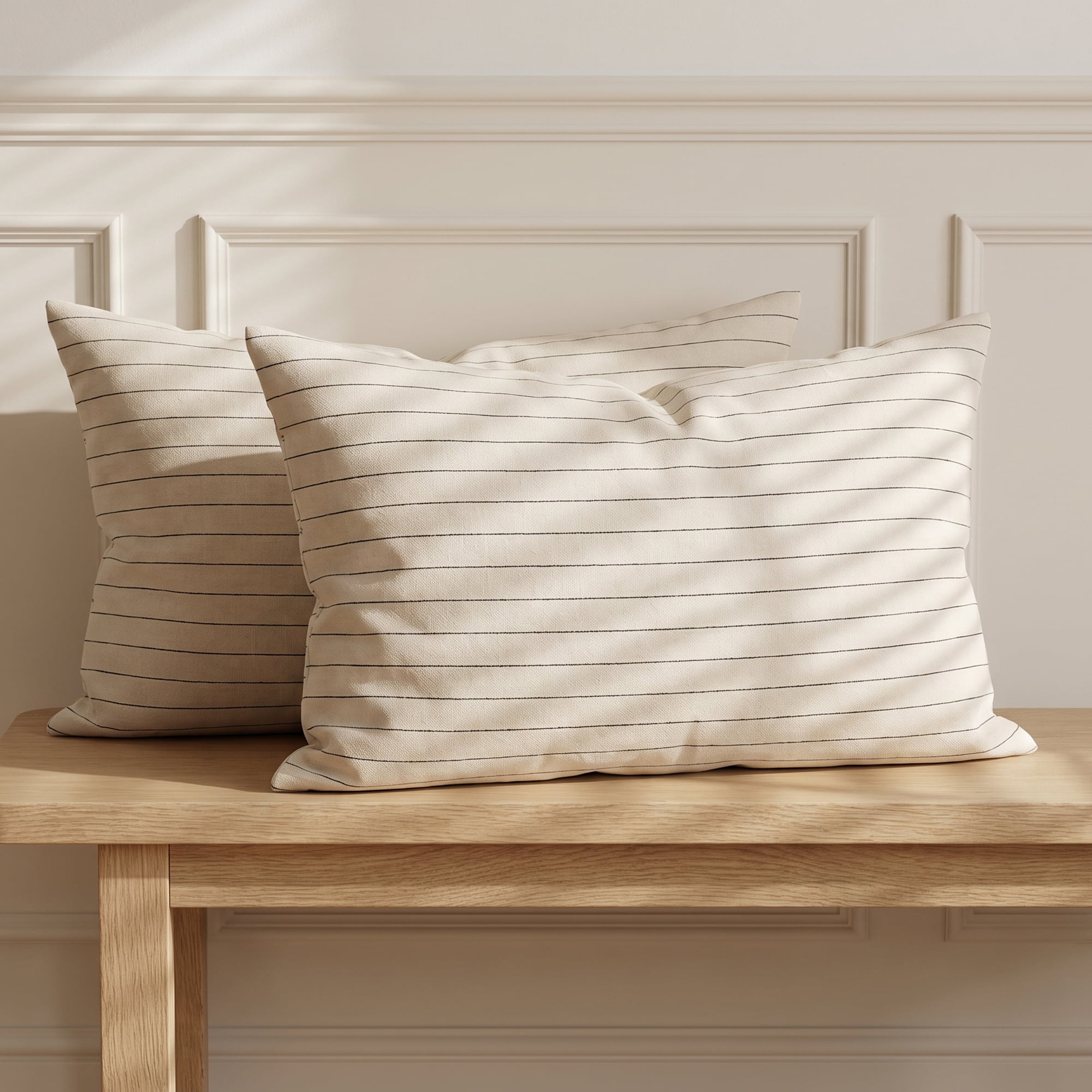 Unique Bargains 2 Pack Fine Stripe Throw Pillow Covers Cotton Blend Cases Beige 20"x12"