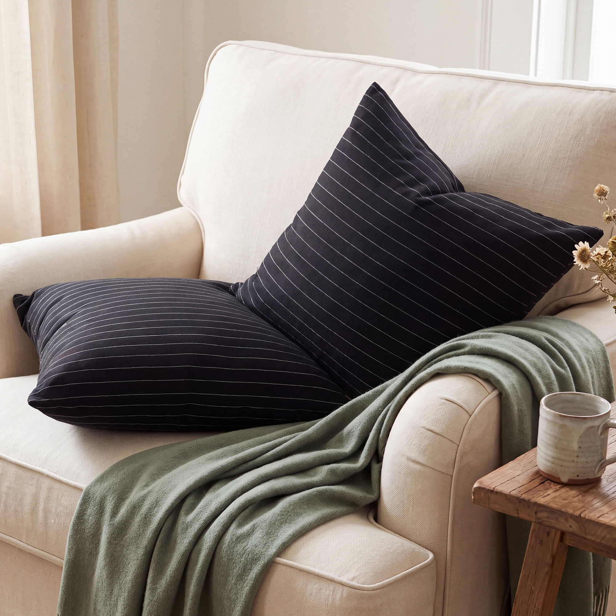 Unique Bargains 2 Pack Fine Stripe Throw Pillow Covers Cotton Blend Cases Black 18"x18"
