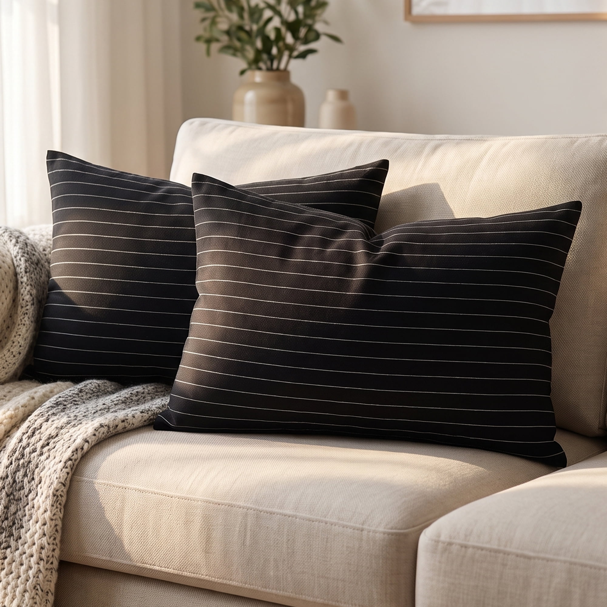 Unique Bargains 2 Pack Fine Stripe Throw Pillow Covers Cotton Blend Cases Black 20"x12"