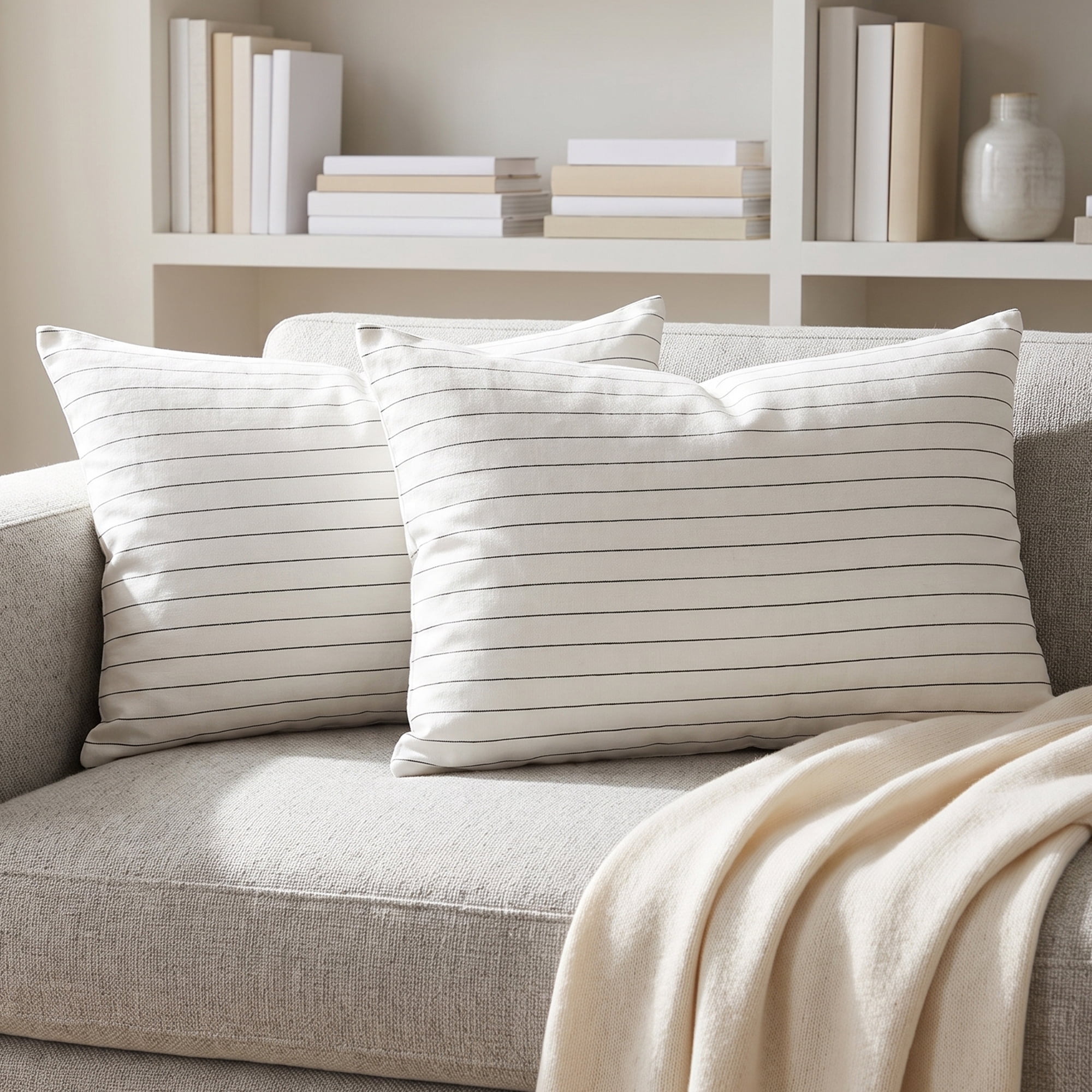 Unique Bargains 2 Pack Fine Stripe Throw Pillow Covers Cotton Blend Cases White 20"x12"