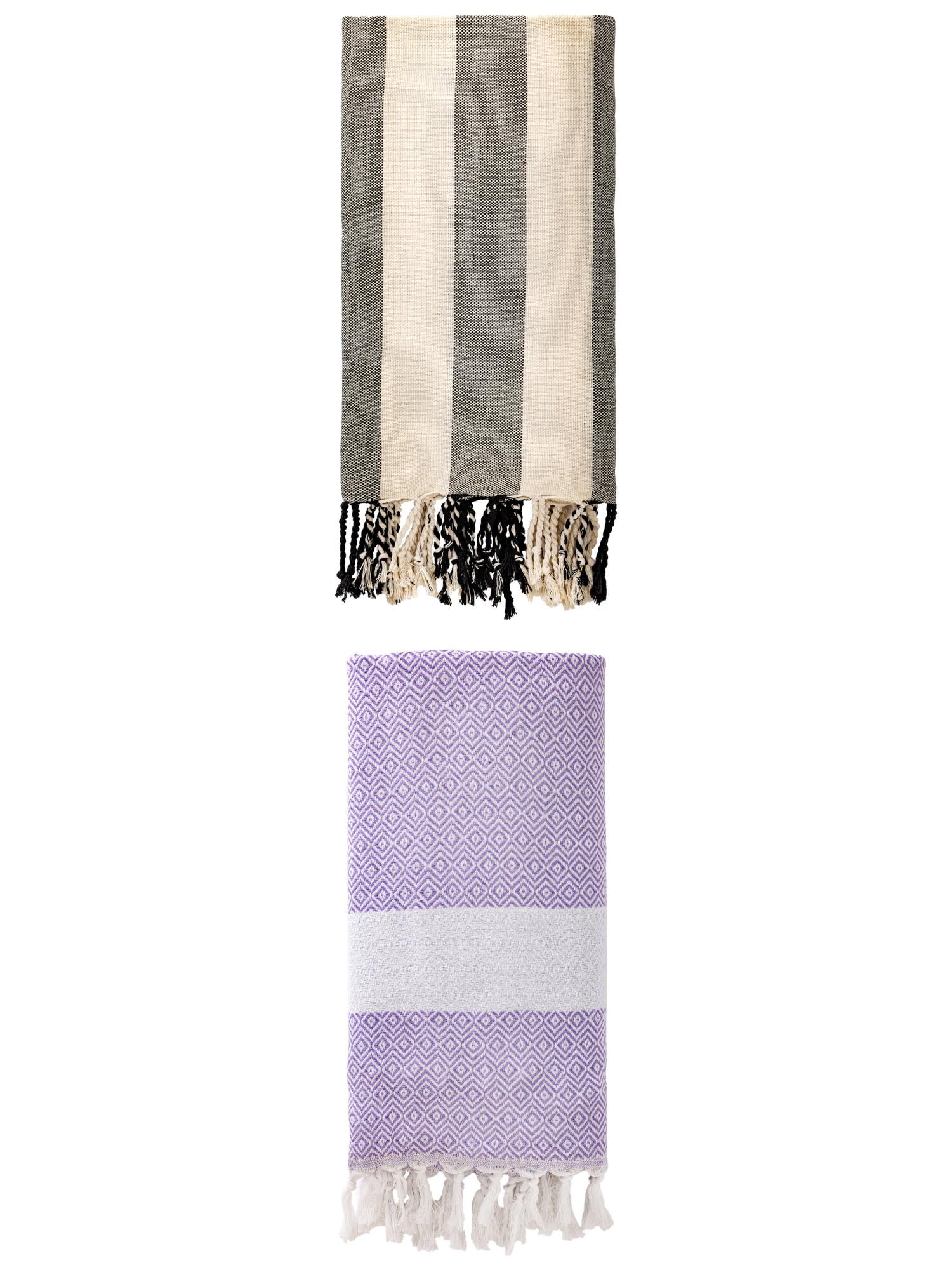 Unique Bargains 2 Pack Geometric Turkish Beach Sandproof Towel Light Purple/Black 71"x 40"