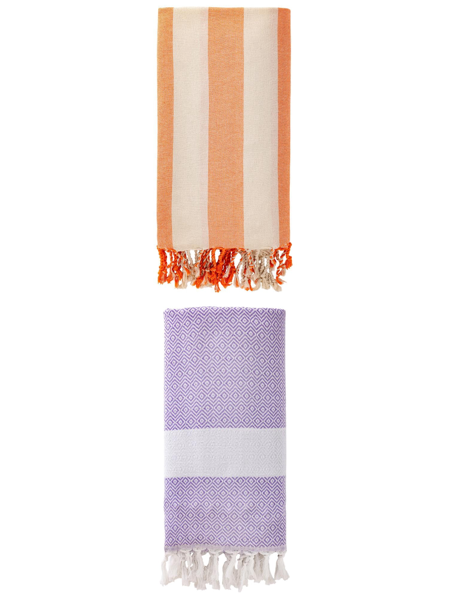 Unique Bargains 2 Pack Geometric Turkish Beach Sandproof Towel Light Purple/Orange 71"x40"