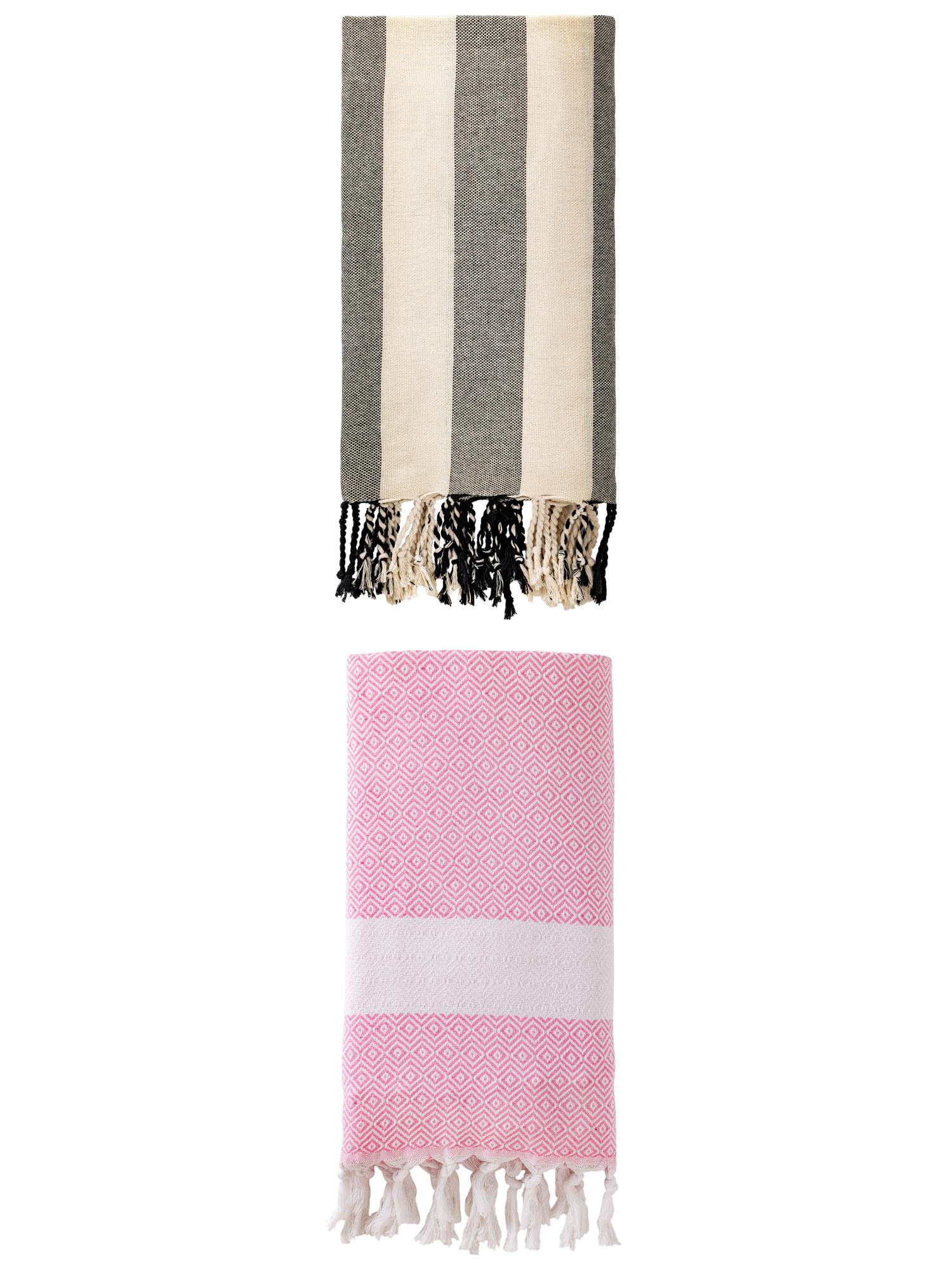 Unique Bargains 2 Pack Geometric Turkish Beach Sandproof Towel Pink/Black 71" x 40"