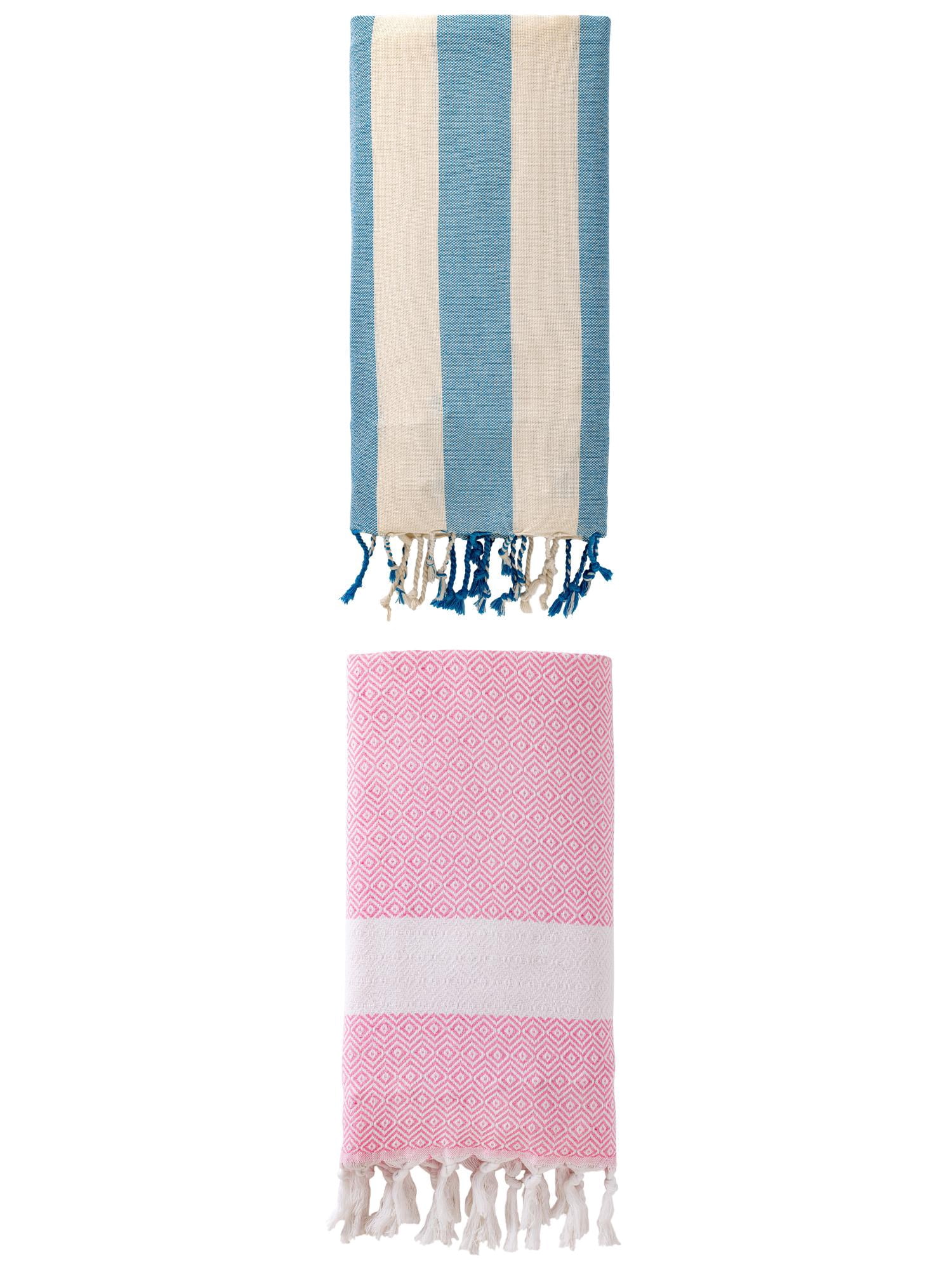Unique Bargains 2 Pack Geometric Turkish Beach Sandproof Towel Pink/Blue 71" x 40"