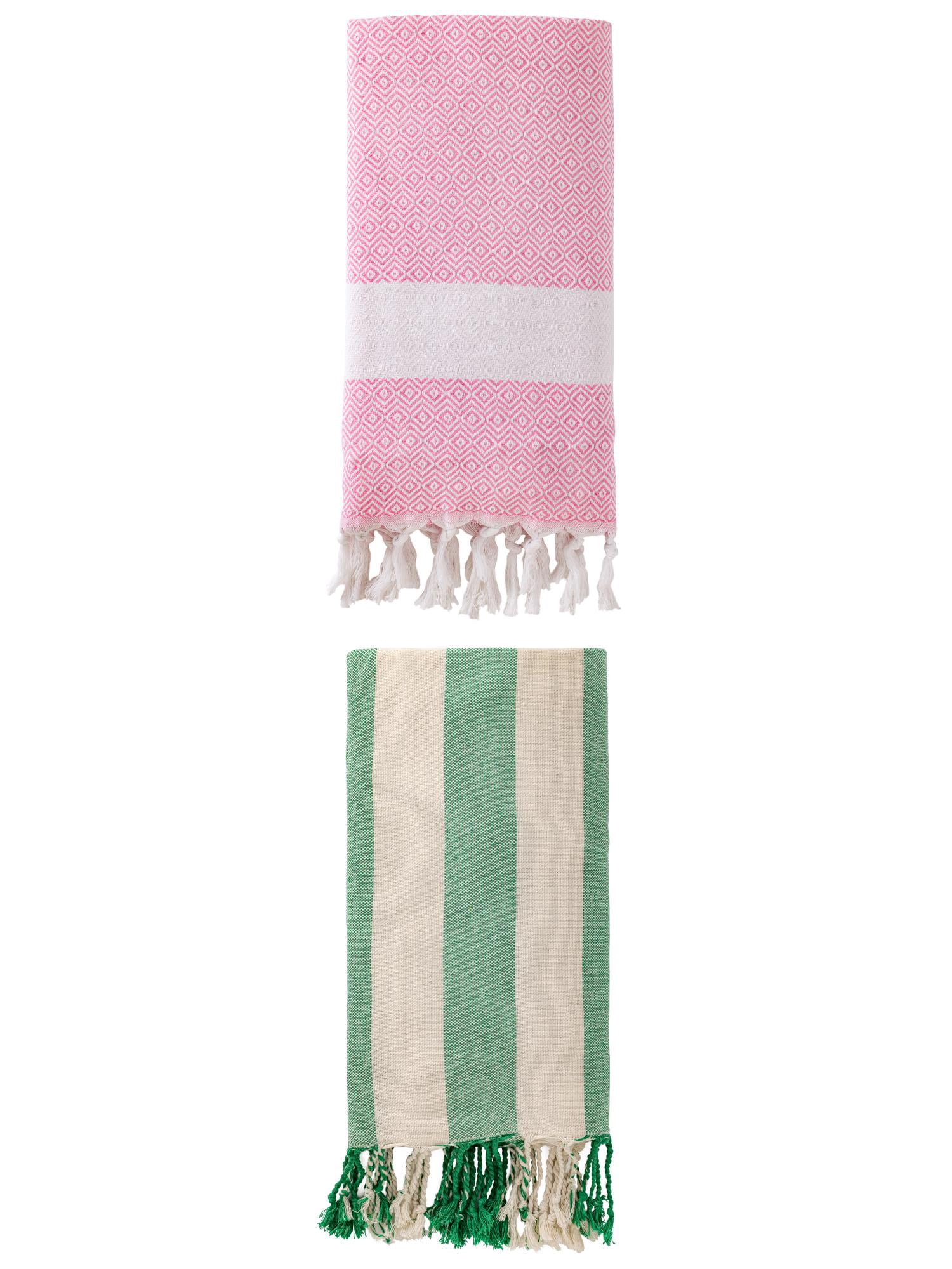 Unique Bargains 2 Pack Geometric Turkish Beach Sandproof Towel Pink/Green 71" x 40"