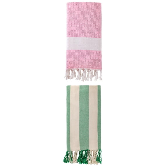 Unique Bargains 2 Pack Geometric Turkish Beach Sandproof Towel Pink/Green 71" x 40"