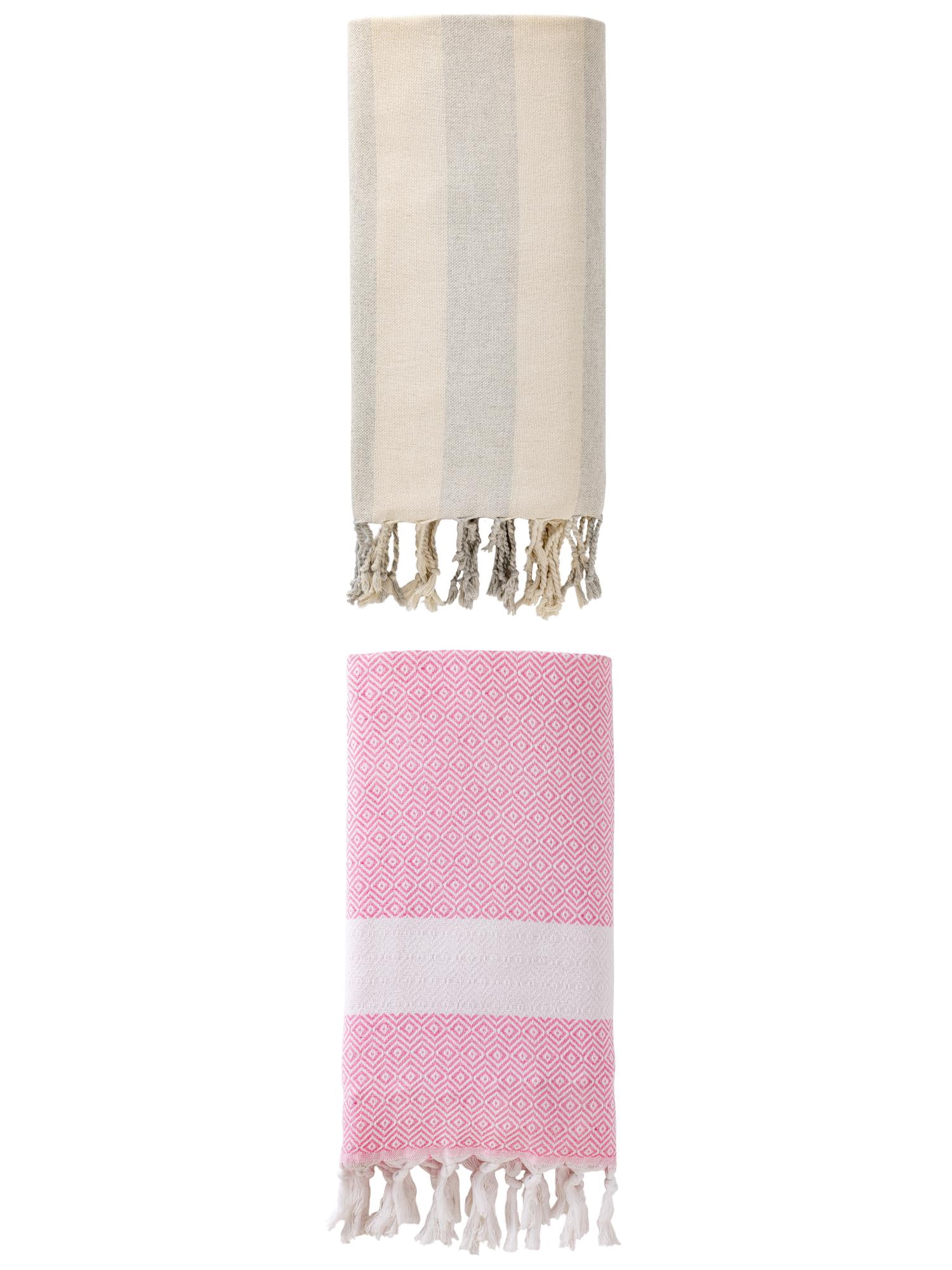 Unique Bargains 2 Pack Geometric Turkish Beach Sandproof Towel Pink/Grey 71" x 40"