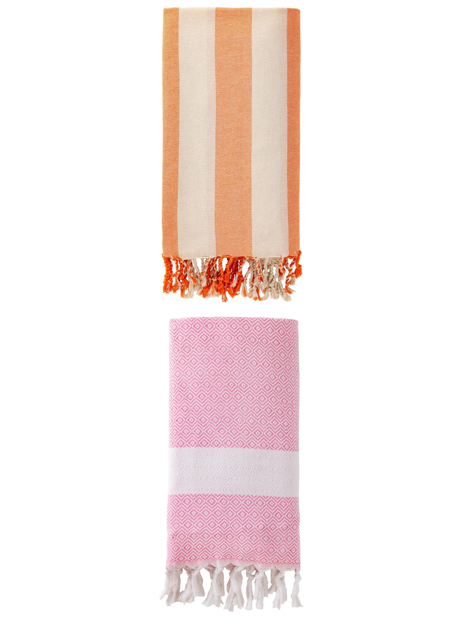 Unique Bargains 2 Pack Geometric Turkish Beach Sandproof Towel Pink/Orange 71" x 40"