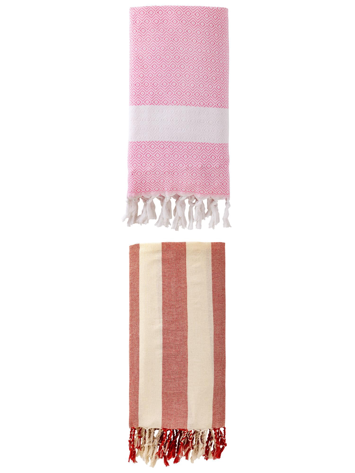 Unique Bargains 2 Pack Geometric Turkish Beach Sandproof Towel Pink/Red 71" x 40"
