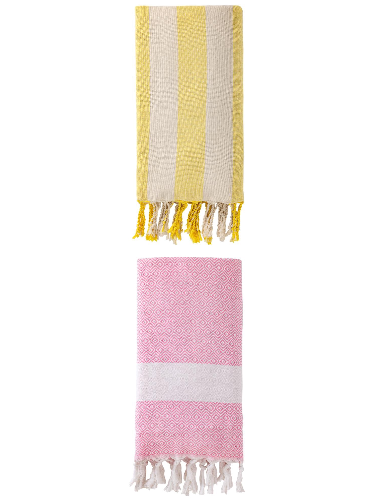 Unique Bargains 2 Pack Geometric Turkish Beach Sandproof Towel Pink/Yellow 71" x 40"