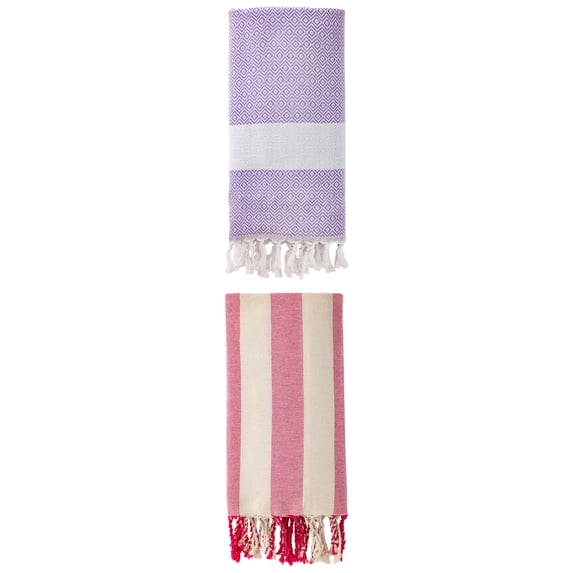 Unique Bargains 2 Pack Geometric Turkish Beach Sandproof Towel Purple/Rose Red 71" x 40"
