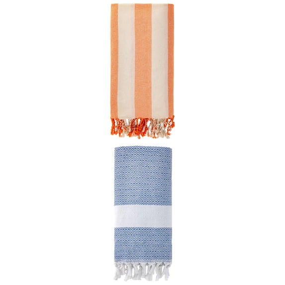 Unique Bargains 2 Pack Geometric Turkish Sand Resistant Beach Towel Blue/Orange 71" x 40"