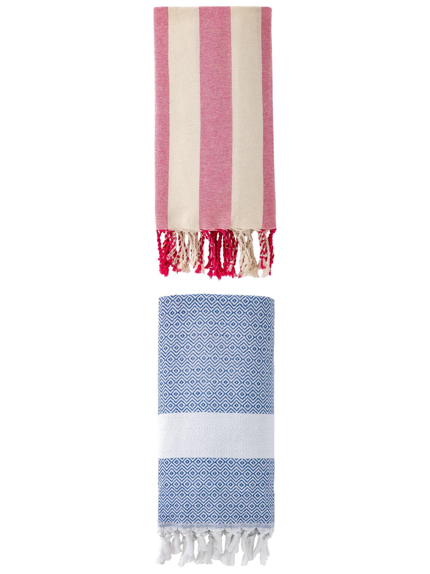 Unique Bargains 2 Pack Geometric Turkish Sand Resistant Beach Towel Blue/Rose Red 71"x 40"
