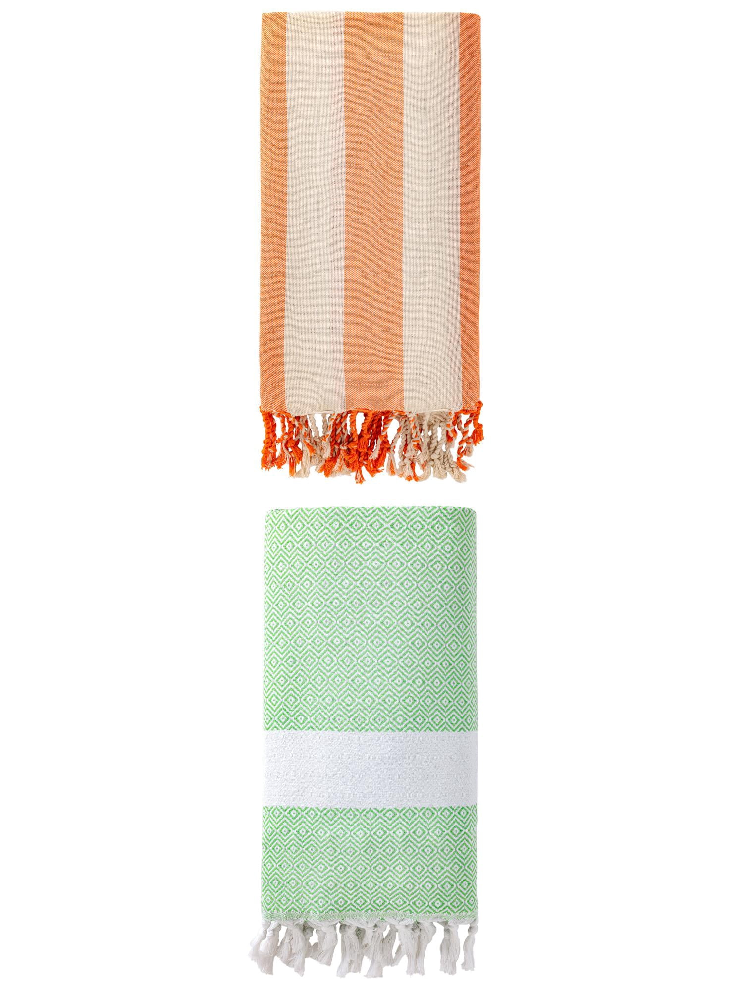 Unique Bargains 2 Pack Geometric Turkish Sand Resistant Beach Towel Green/Orange 71" x 40"