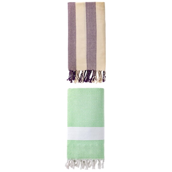 Unique Bargains 2 Pack Geometric Turkish Sand Resistant Beach Towel Green/Purple 71" x 40"