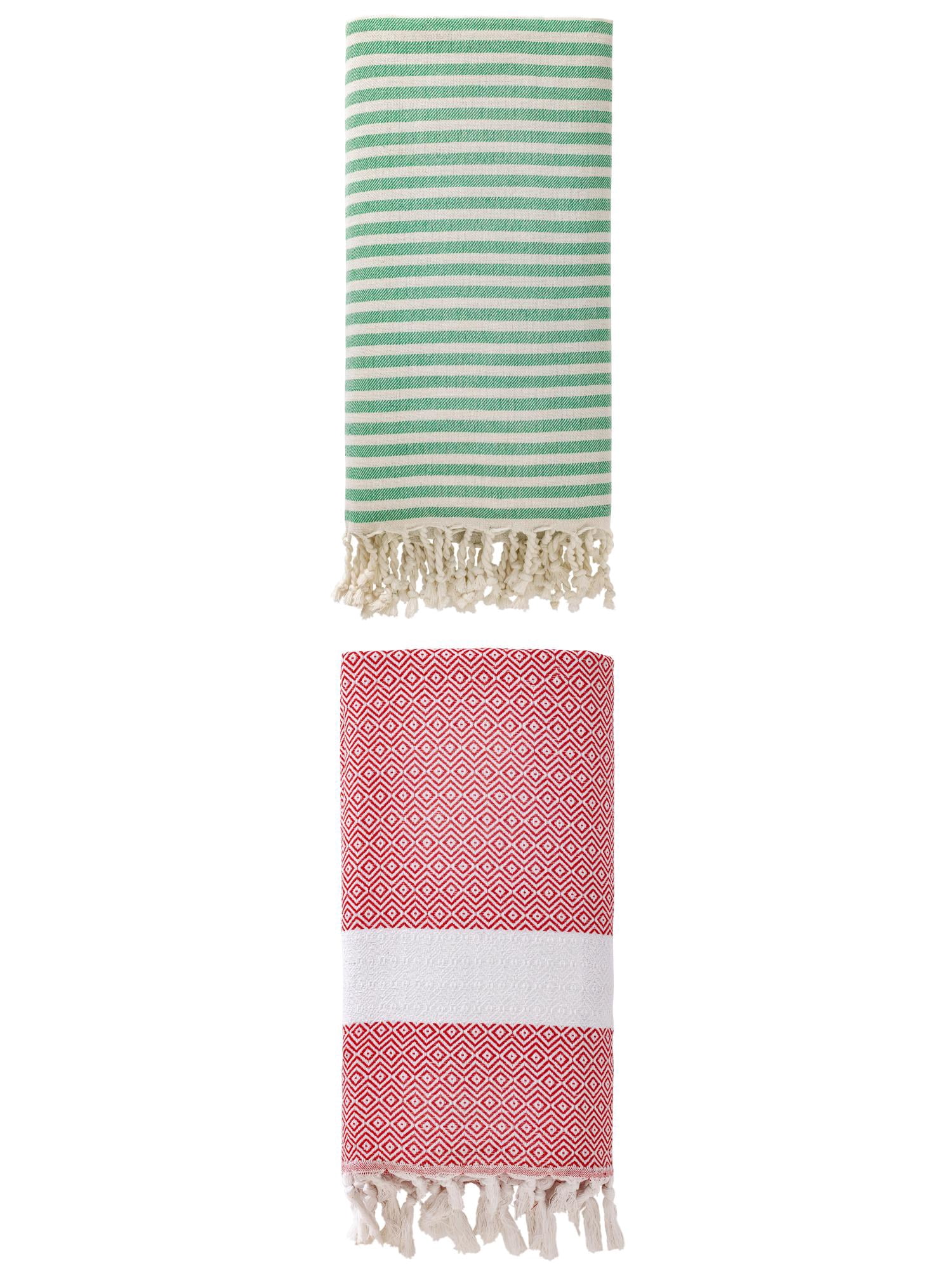 Unique Bargains 2 Pack Non-Sand Turkish Towels Green/Crimson 71"x40"