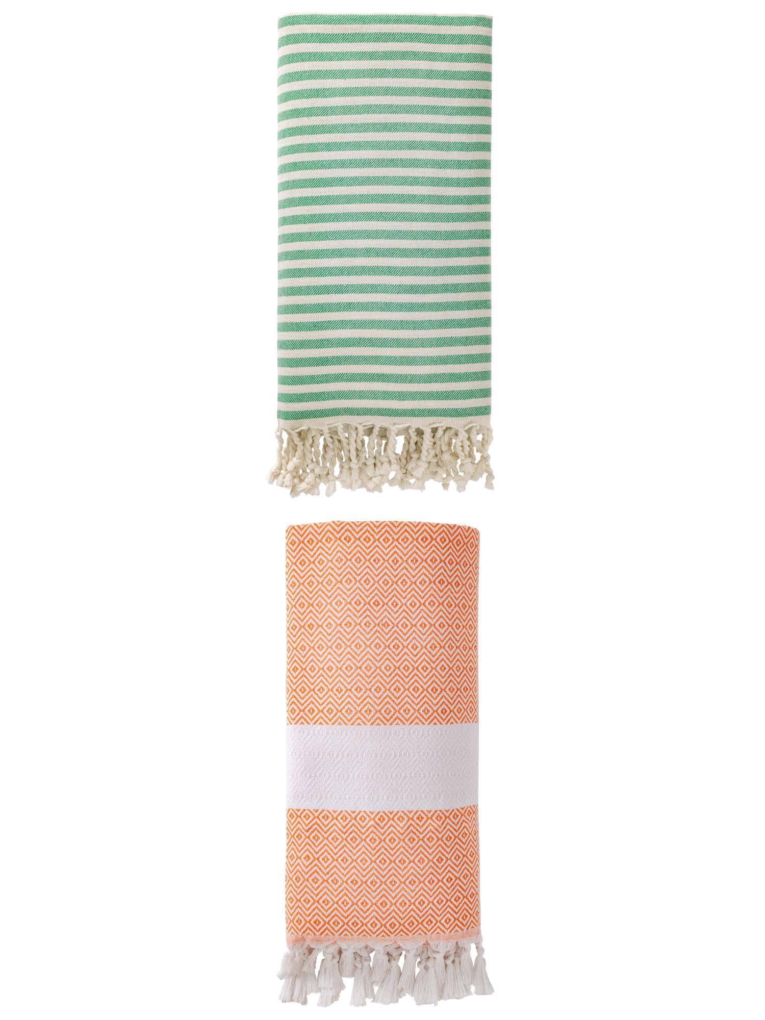 Unique Bargains 2 Pack Non-Sand Turkish Towels Green/Orange 71"x40"