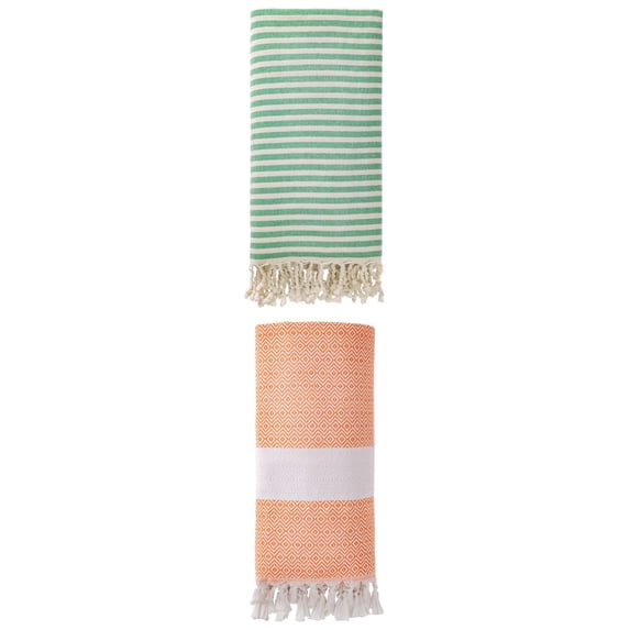 Unique Bargains 2 Pack Non-Sand Turkish Towels Green/Orange 71"x40"
