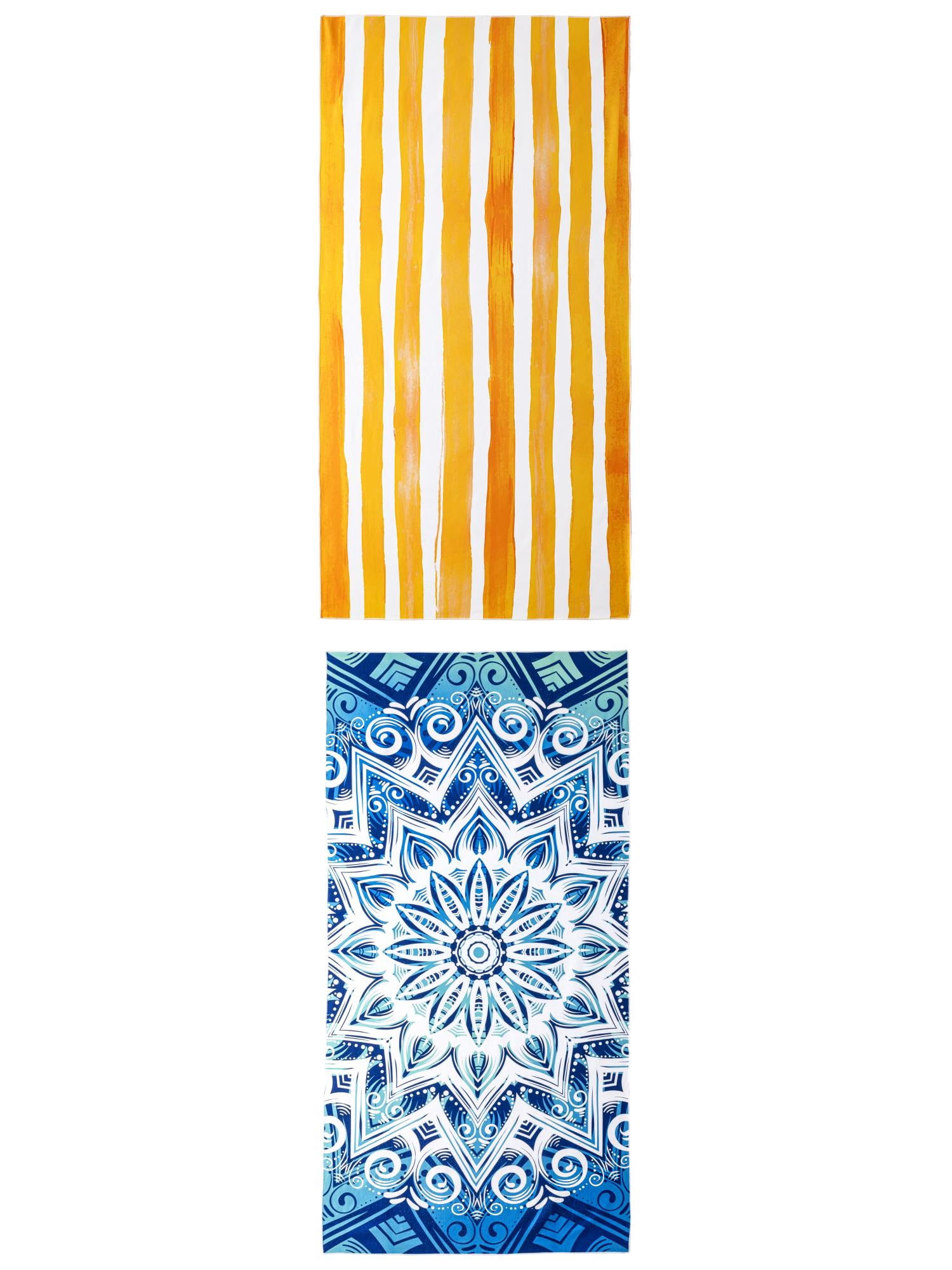 Unique Bargains 2 Pack Oversized Beach Towel Blue Green Mandala/Yellow 71" x 35"/63" x 31"