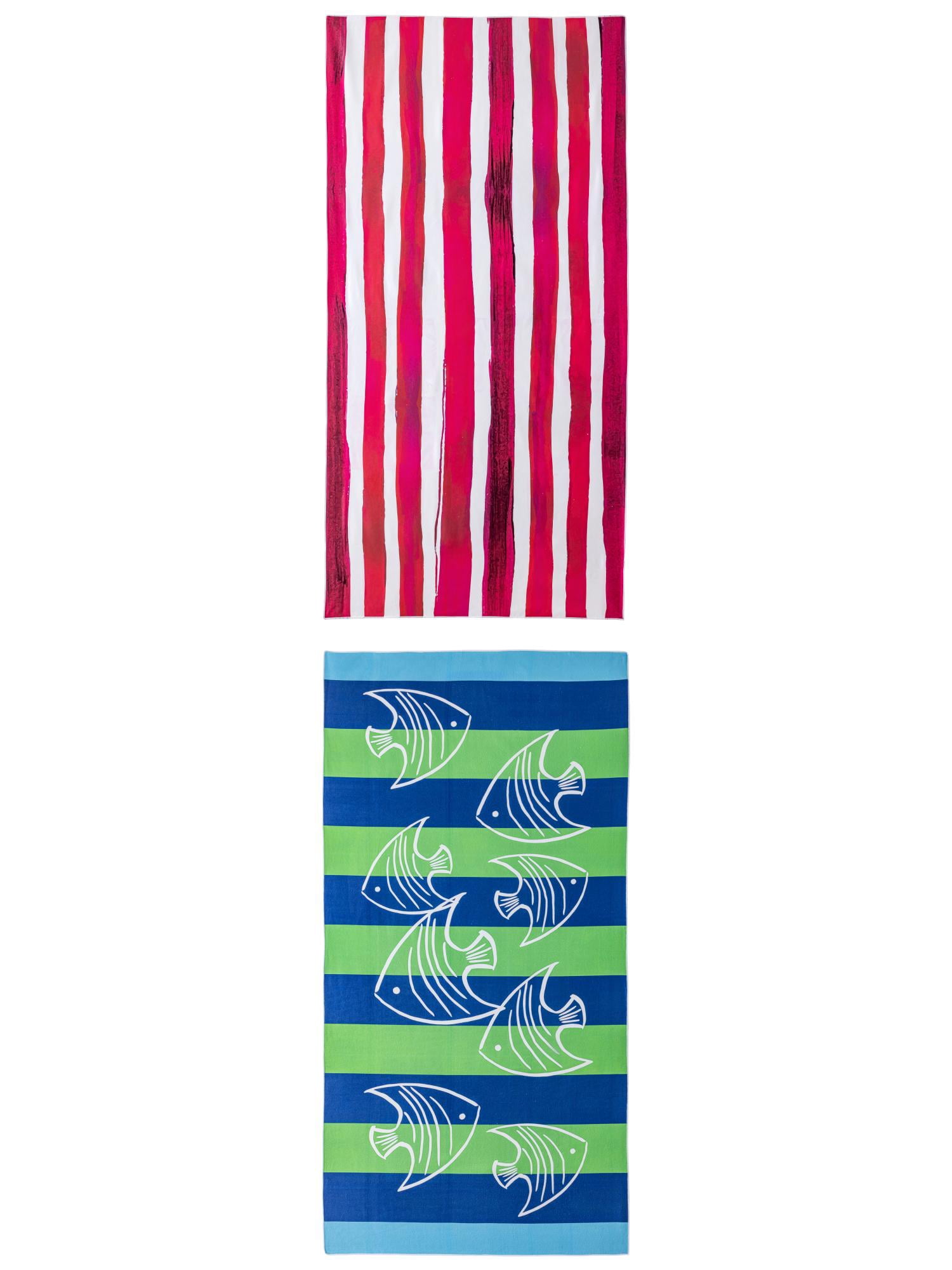 Unique Bargains 2 Pack Oversized Beach Towel Blue Green/Rose Red 71" x 35"/63" x 31"