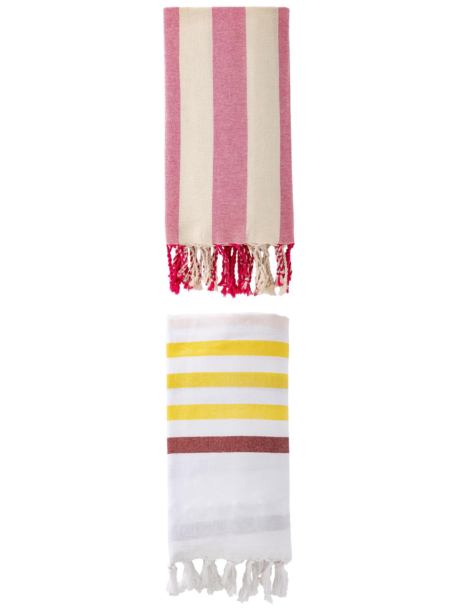 Unique Bargains 2 Pack Oversized Turkish Print Fringe Towels Brown/Rose Red 71"x40"