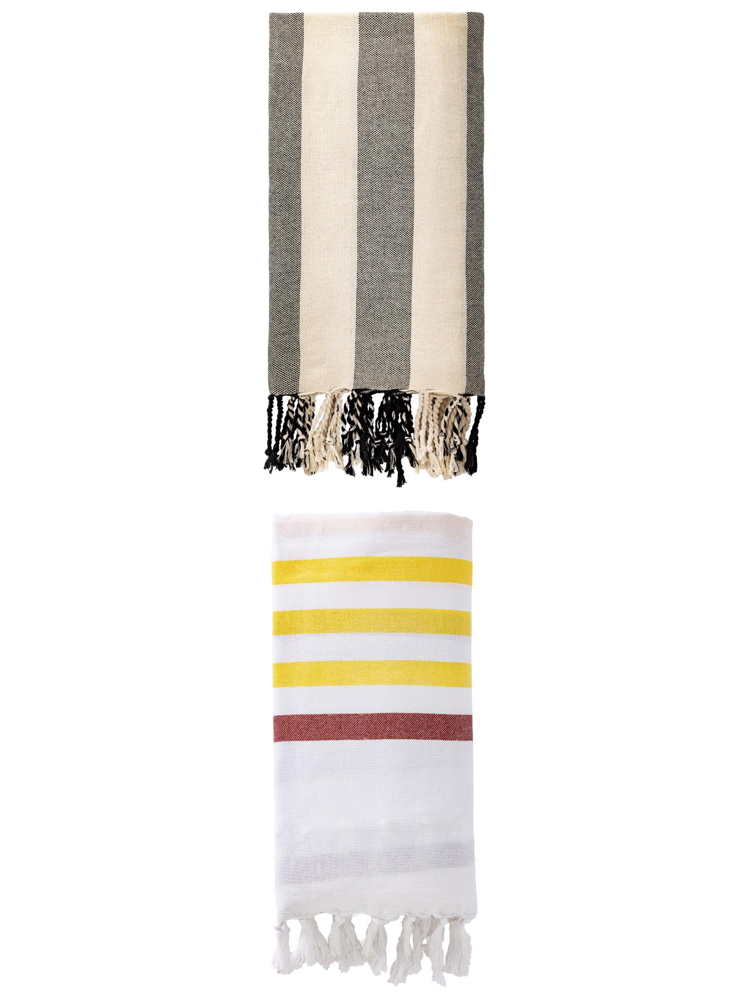 Unique Bargains 2 Pack Oversized Turkish Striped Print Fringe Towels Brown/Black 71"x40"