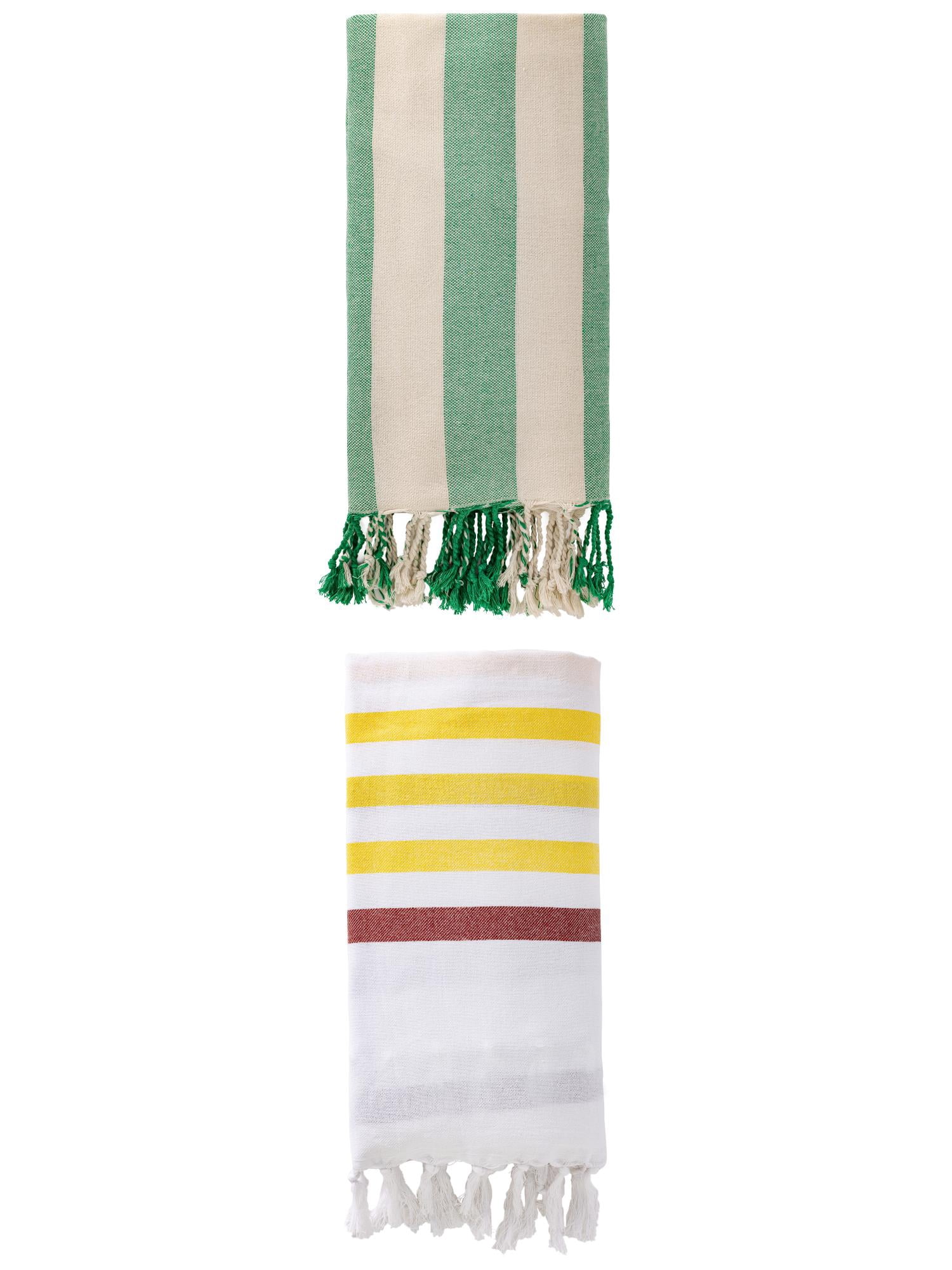 Unique Bargains 2 Pack Oversized Turkish Striped Print Fringe Towels Brown/Green 71"x40"