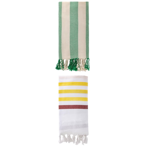 Unique Bargains 2 Pack Oversized Turkish Striped Print Fringe Towels Brown/Green 71"x40"