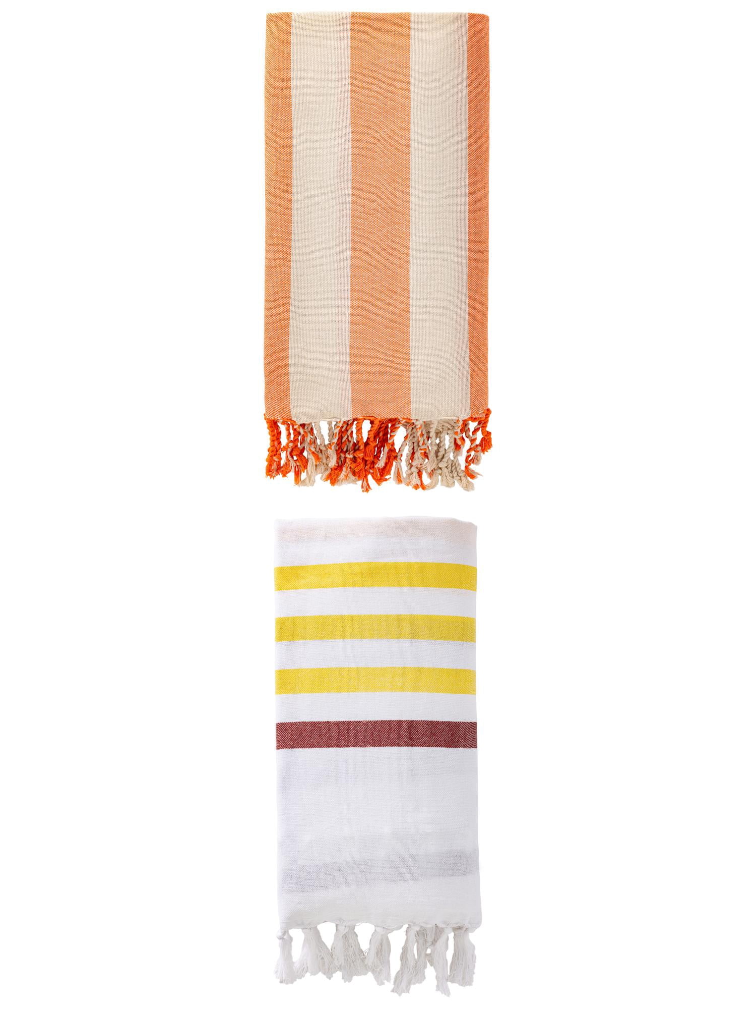 Unique Bargains 2 Pack Oversized Turkish Striped Print Fringe Towels Brown/Orange 71"x40"