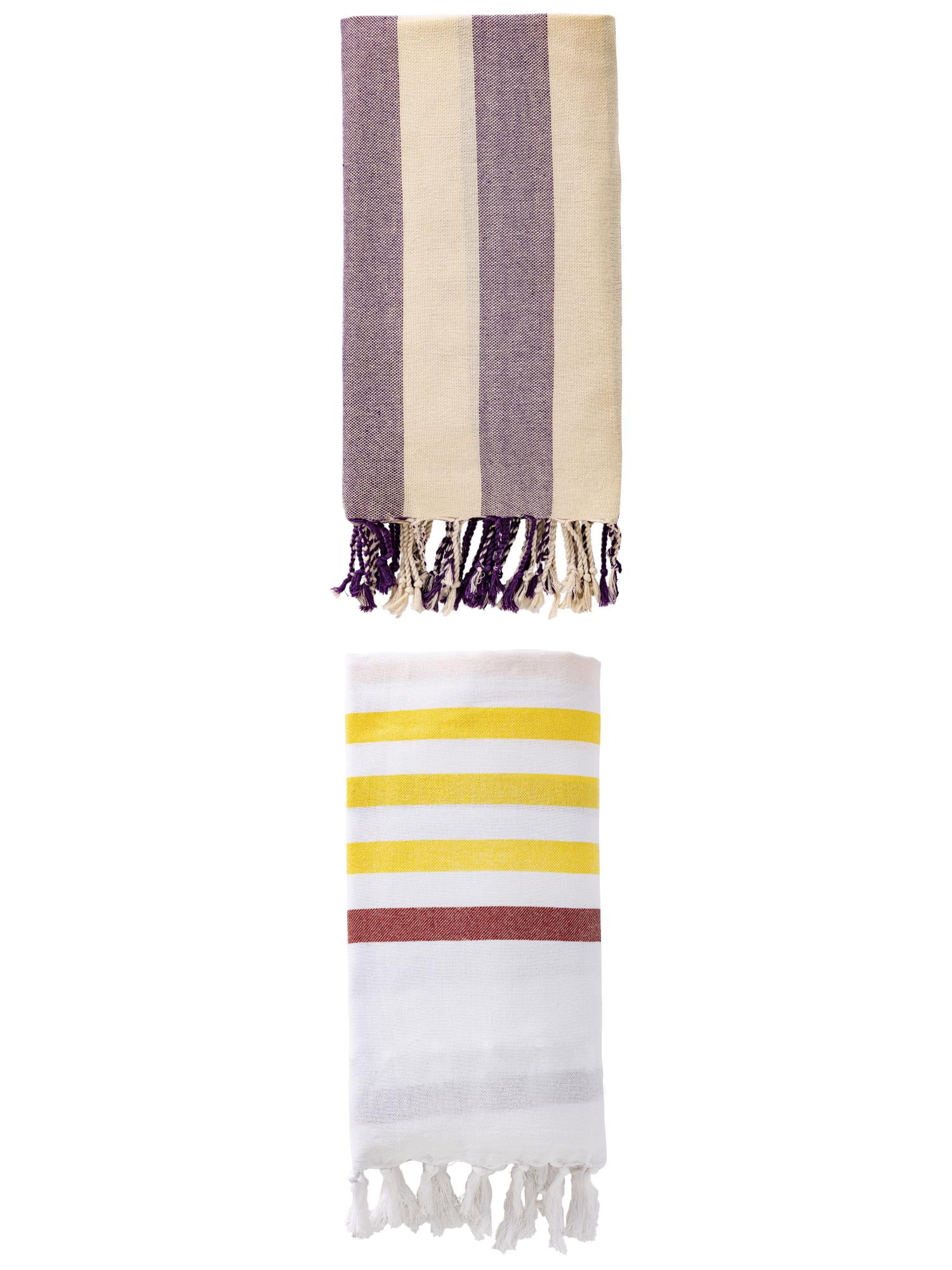 Unique Bargains 2 Pack Oversized Turkish Striped Print Fringe Towels Brown/Purple 71"x40"