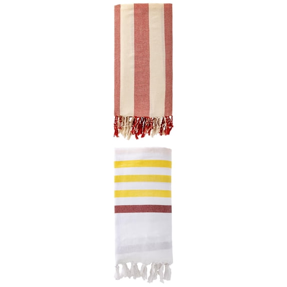 Unique Bargains 2 Pack Oversized Turkish Striped Print Fringe Towels Brown/Red 71"x40"