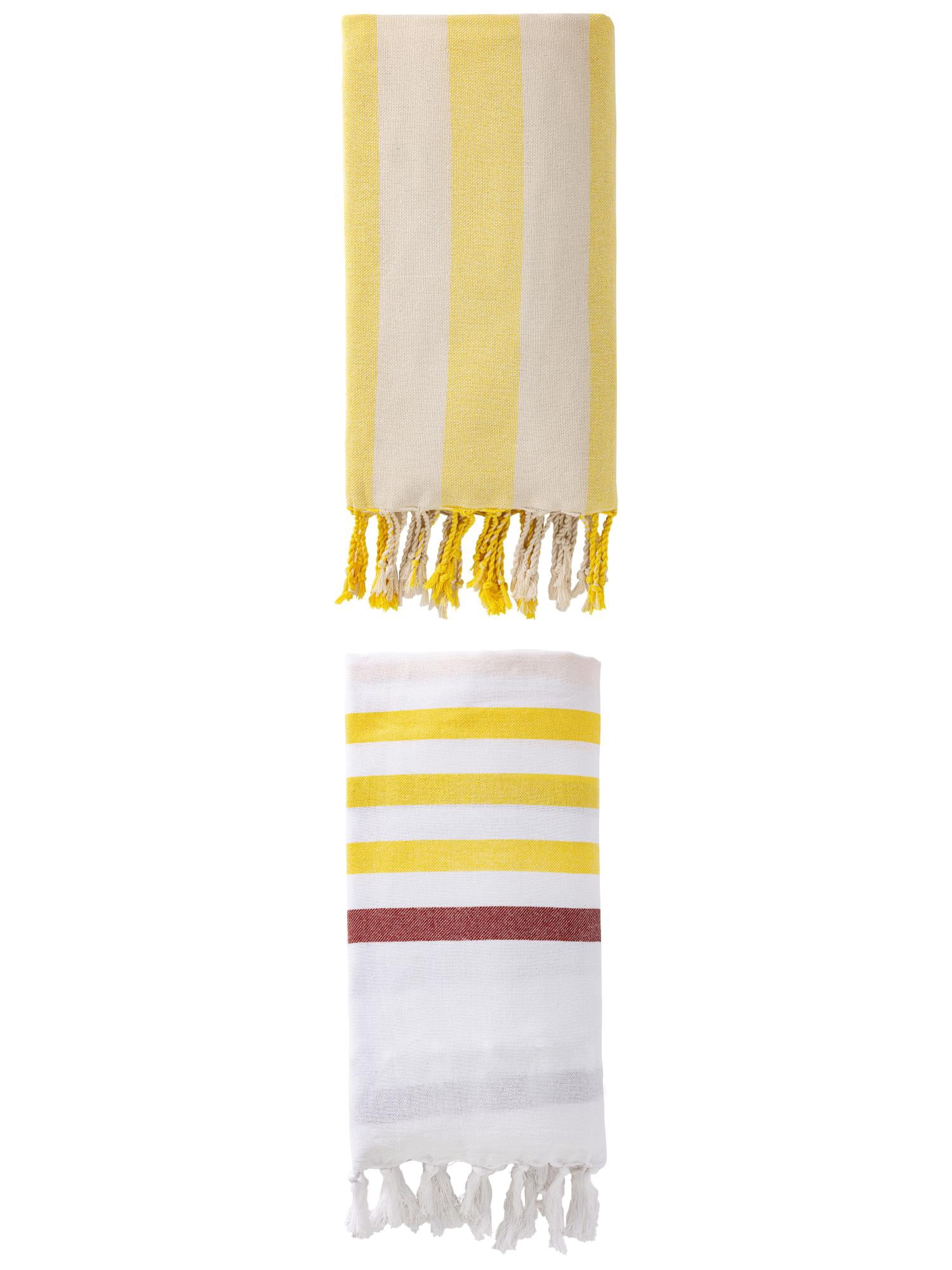 Unique Bargains 2 Pack Oversized Turkish Striped Print Fringe Towels Brown/Yellow 71"x40"