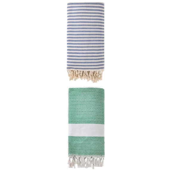 Unique Bargains 2 Pack Premium Travel Turkish Towels Blue/Dark Green 71"x40"