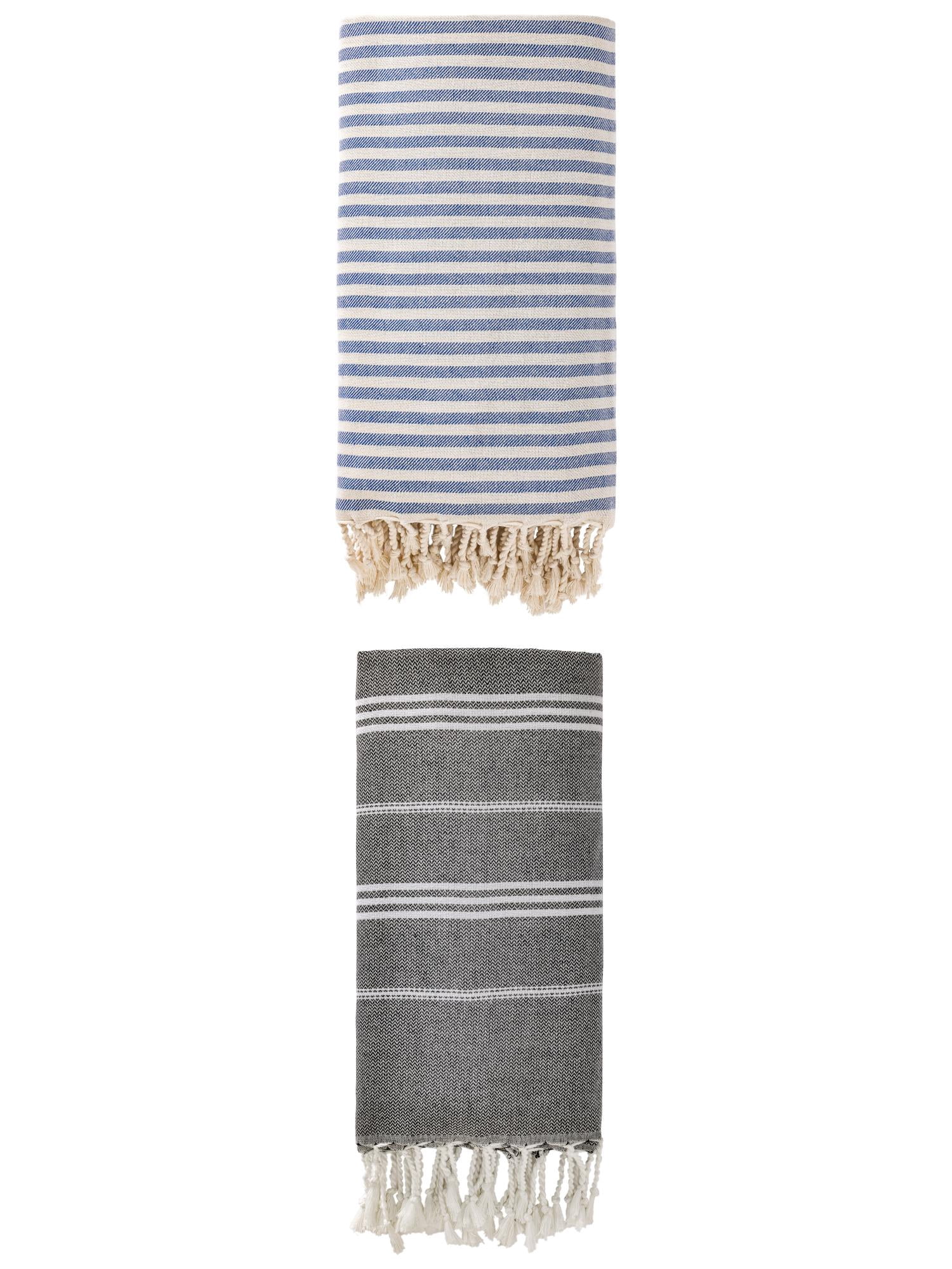 Unique Bargains 2 Pack Sand-Free Fast-Dry Turkish Towels Blue/Black 71"x40"/71"x35"
