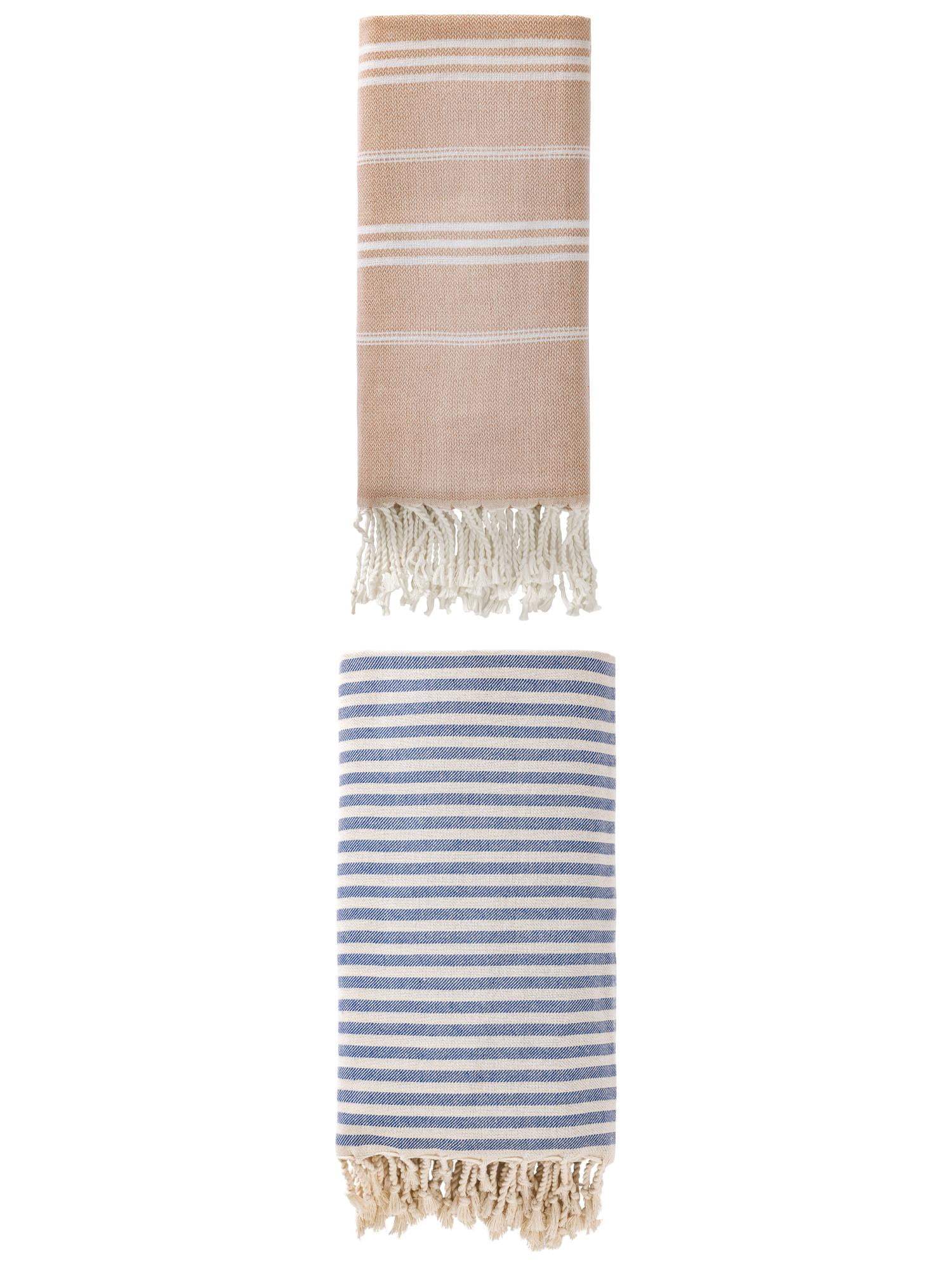 Unique Bargains 2 Pack Sand-Free Fast-Dry Turkish Towels Blue/Brown 71"x40"/71"x35"