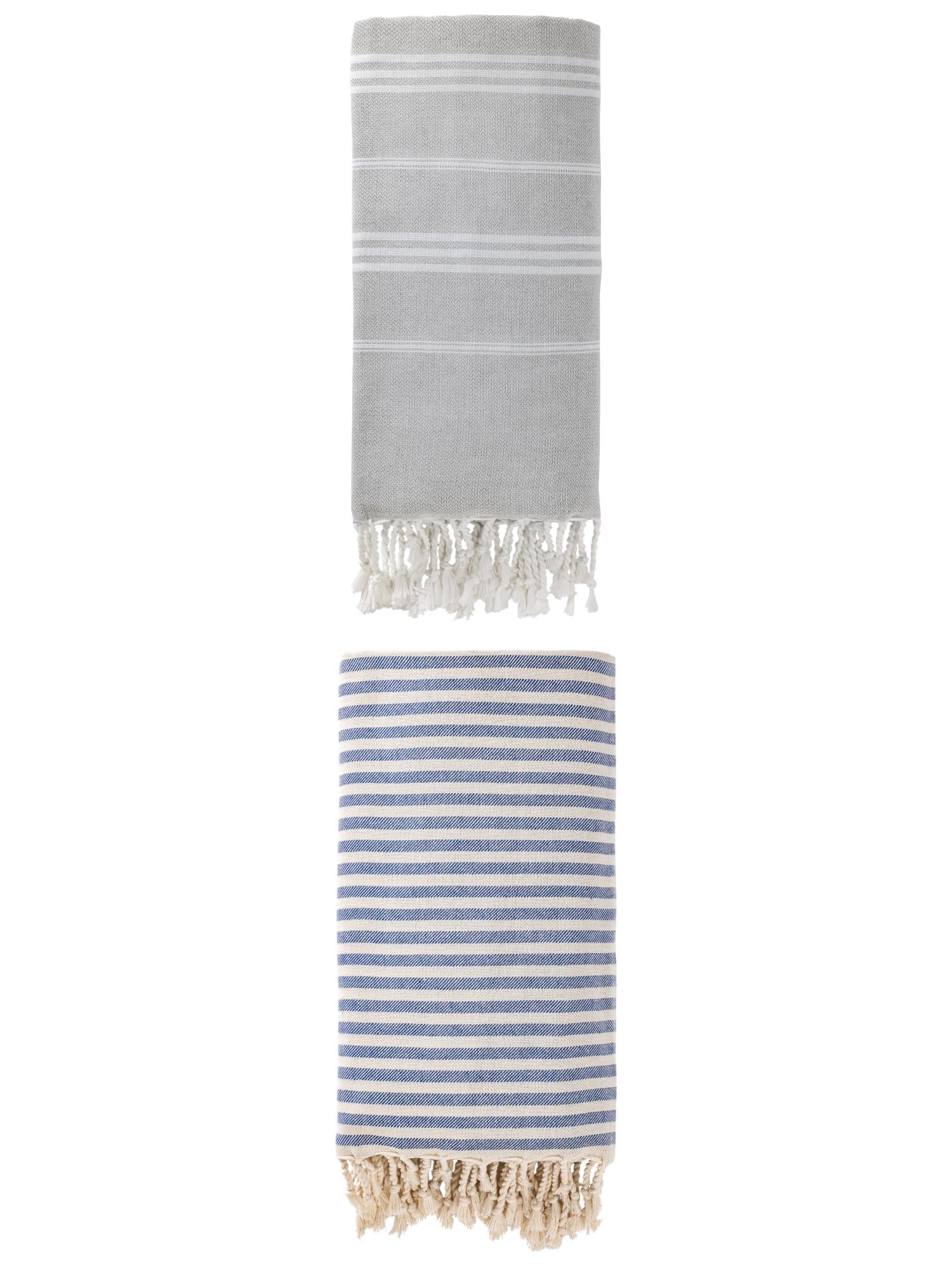 Unique Bargains 2 Pack Sand-Free Fast-Dry Turkish Towels Blue/Grey 71"x40"/71"x35"