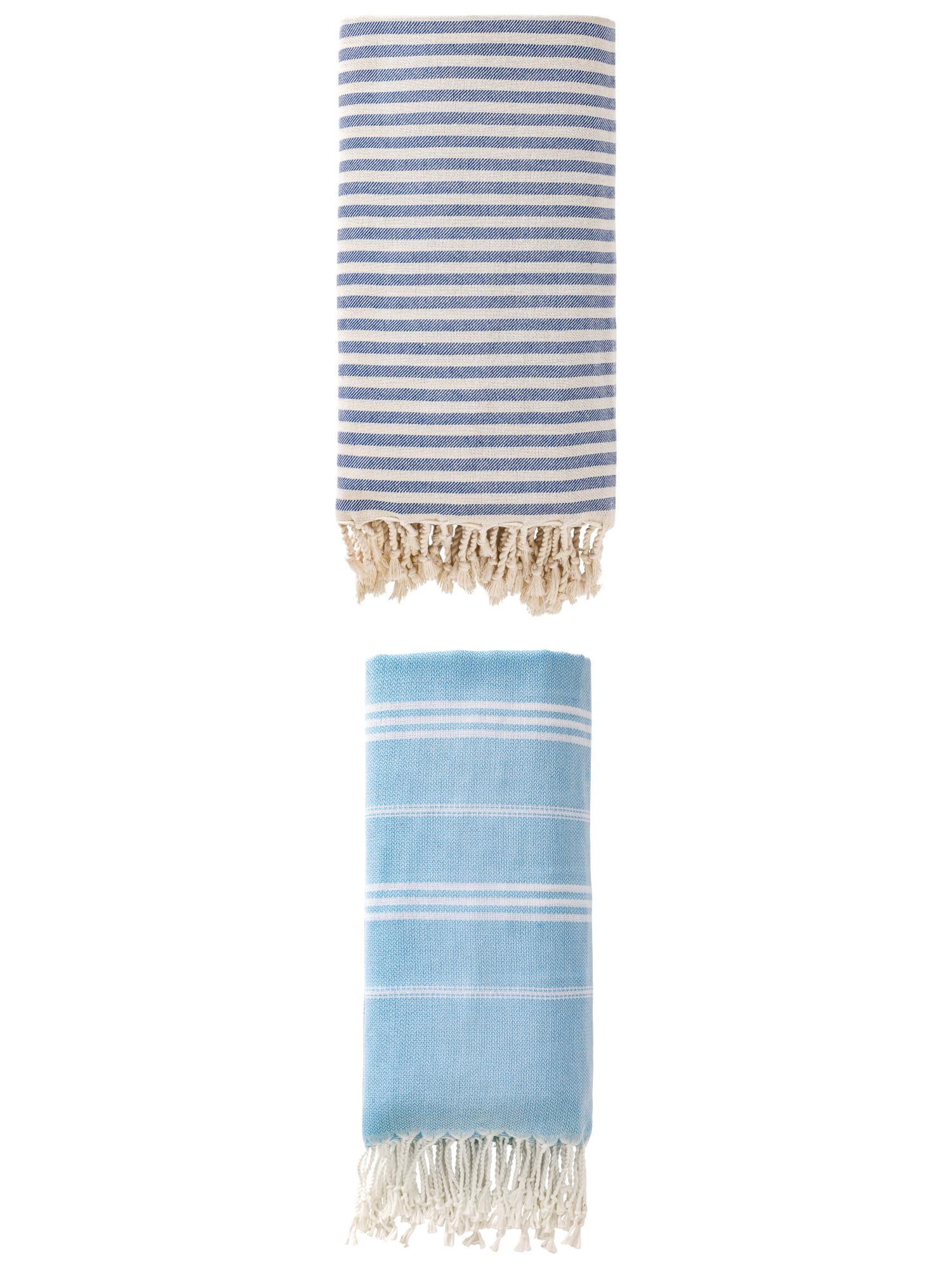 Unique Bargains 2 Pack Sand-Free Fast-Dry Turkish Towels Blue/Light Blue 71"x40"/71"x35"