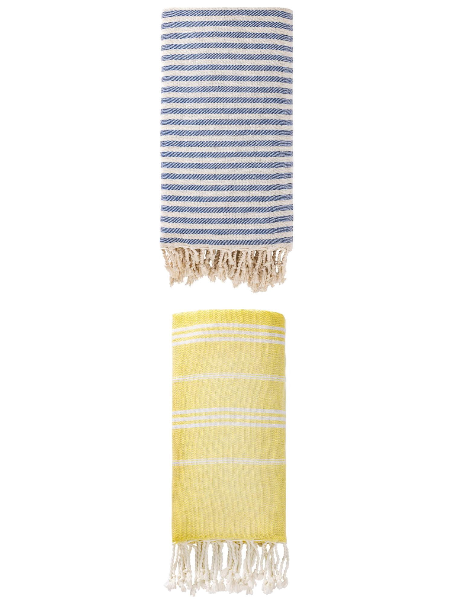 Unique Bargains 2 Pack Sand-Free Fast-Dry Turkish Towels Blue/Light Yellow 71"x40"/71"x35"