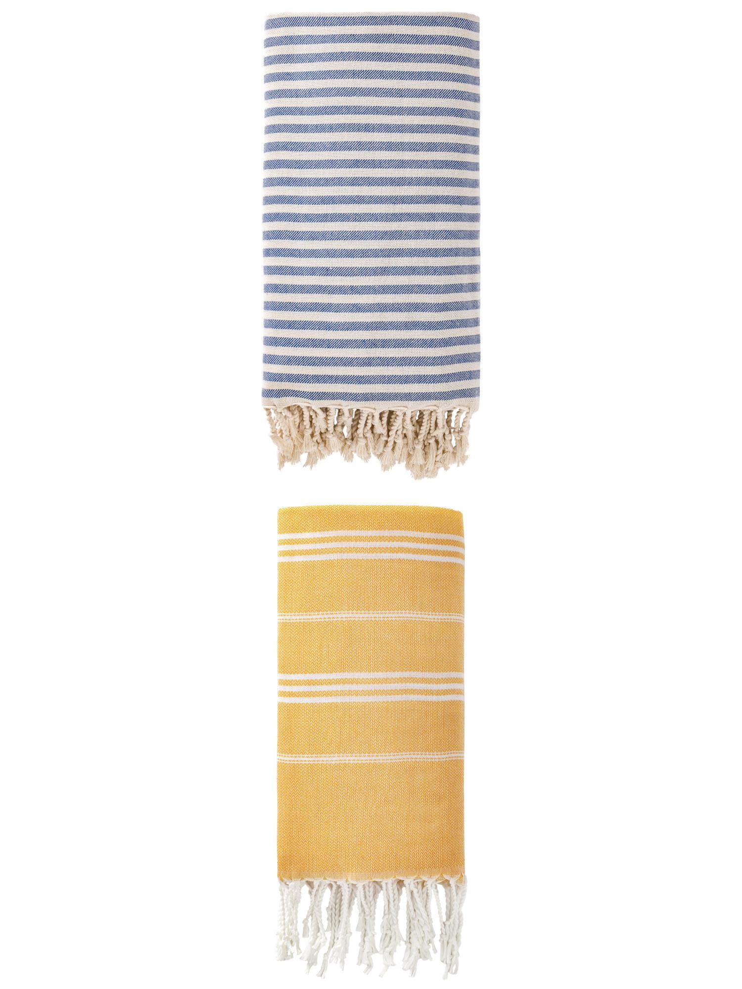 Unique Bargains 2 Pack Sand-Free Fast-Dry Turkish Towels Blue/Yellow 71"x40"/71"x35"