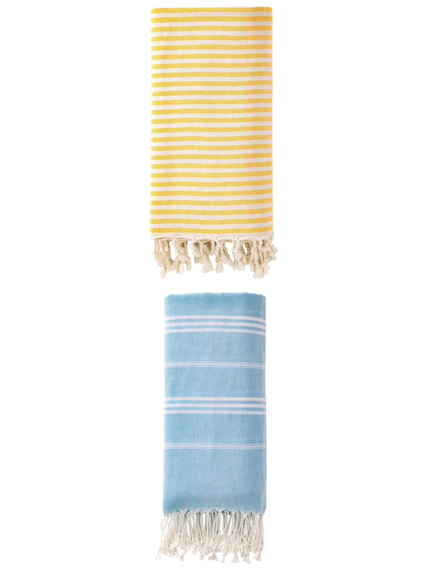 Unique Bargains 2 Pack Sand-Free Turkish Towels Yellow/Light Blue 71"x40"/71"x35"