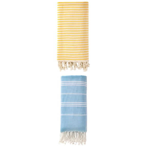 Unique Bargains 2 Pack Sand-Free Turkish Towels Yellow/Light Blue 71"x40"/71"x35"