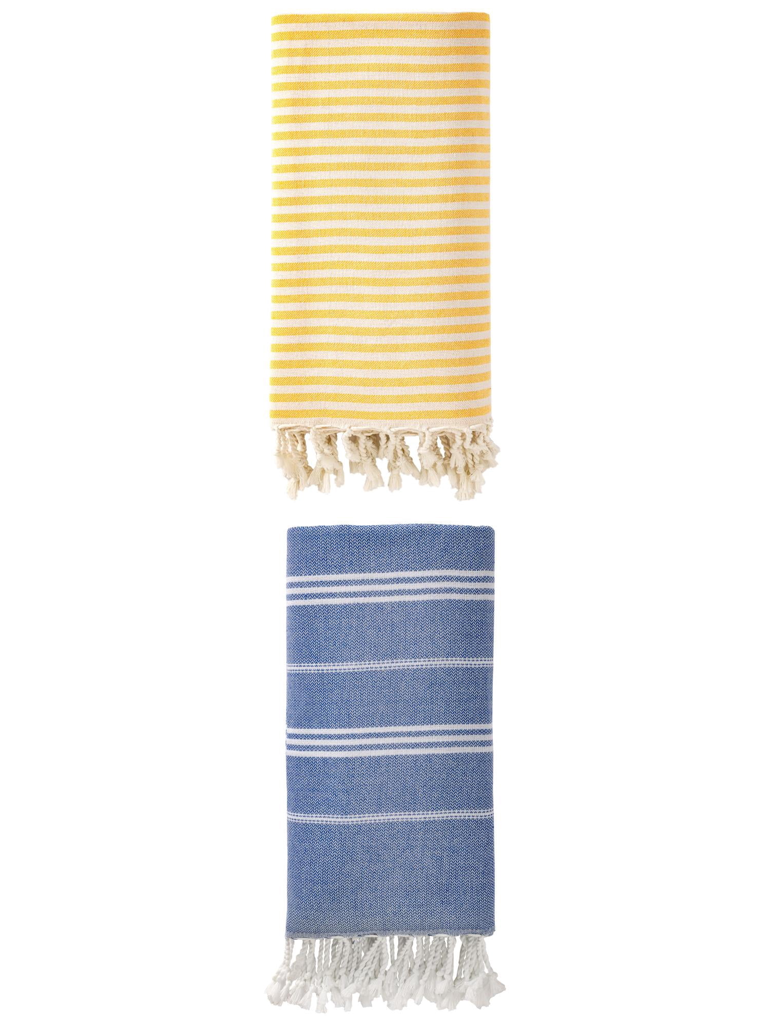 Unique Bargains 2 Pack Sand-Free Turkish Towels Yellow/Royal Blue 71"x40"/71"x35"