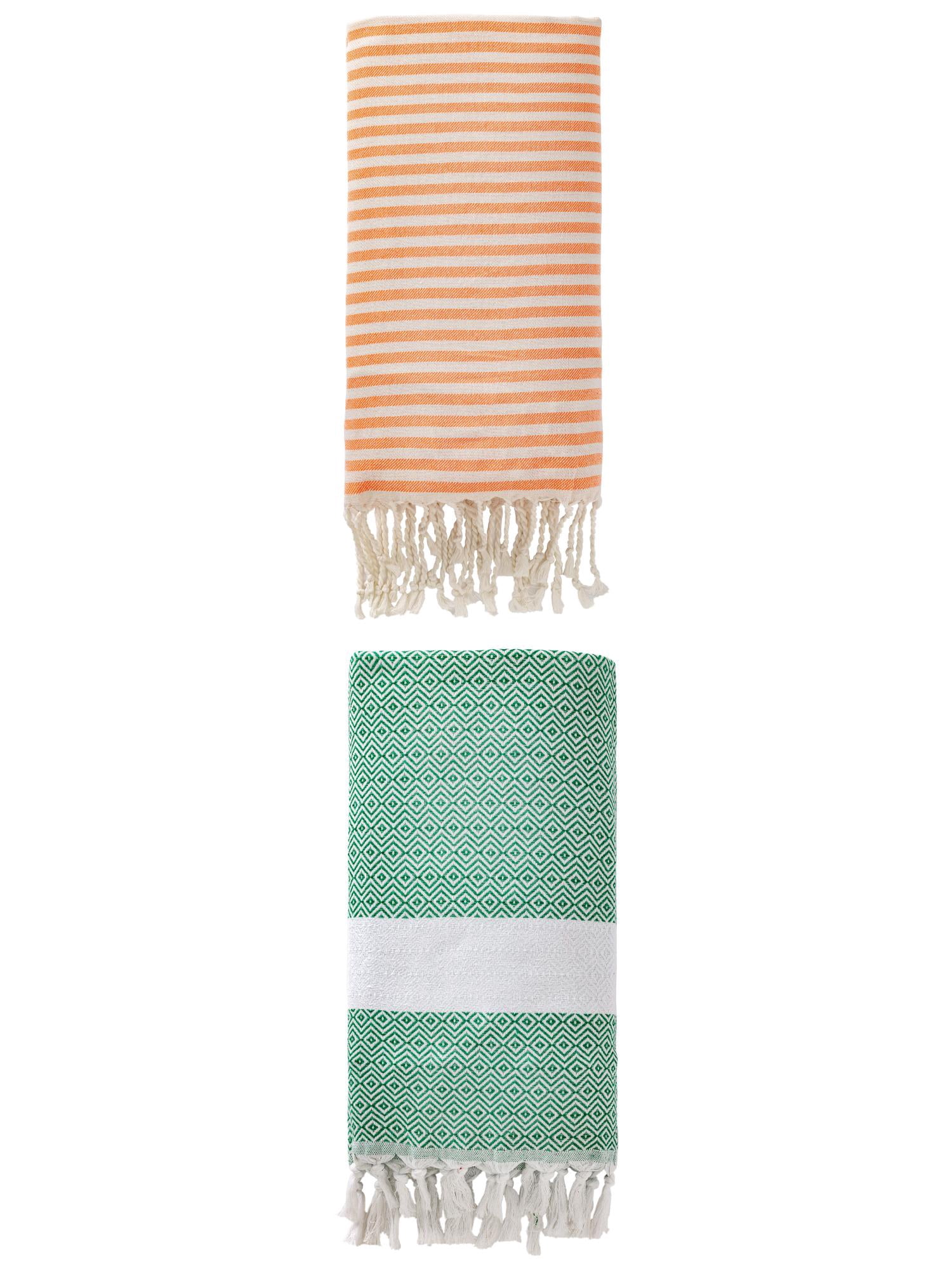 Unique Bargains 2 Pack Sand Proof Absorb Fast Turkish Towel Orange/Dark Green 71"x40"