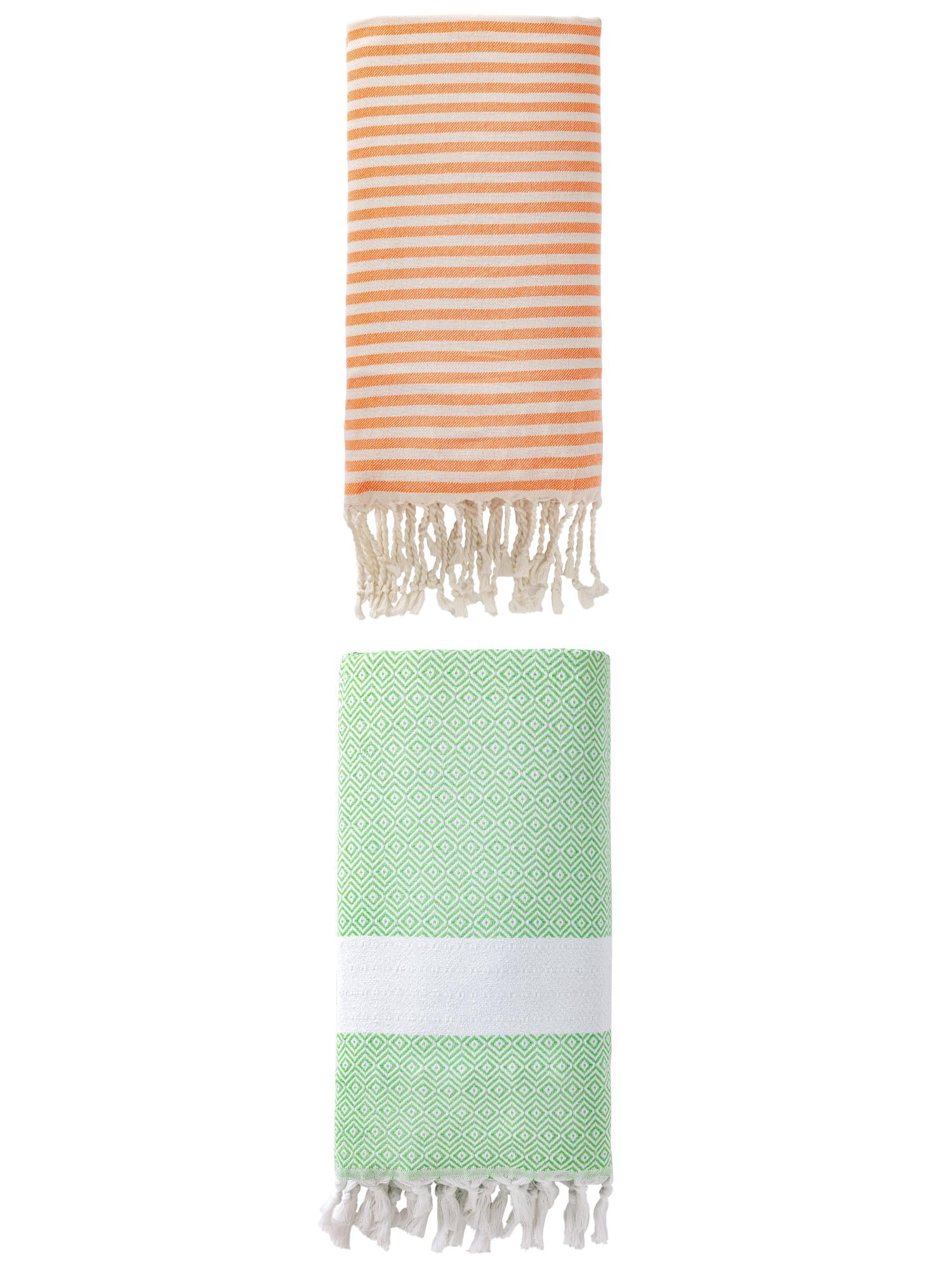 Unique Bargains 2 Pack Sand Proof Absorb Fast Turkish Towel Orange/Green 71"x40"